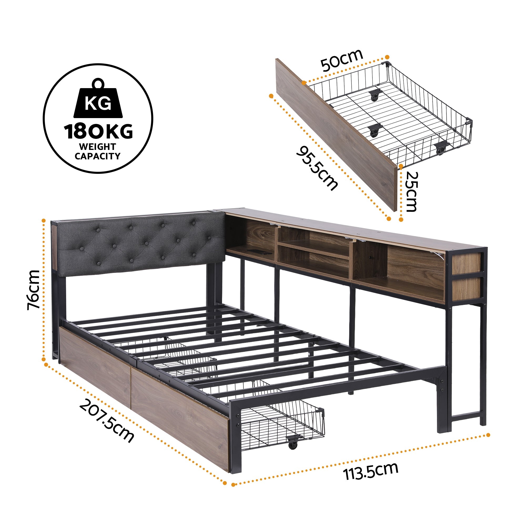 Bed Frame Single Size with 2 Drawers and Charging Station Metal Corner Bed Base - Furniture > Bedroom > Beds & Bed Frames - Rivercity House & Home Co. (ABN 18 642 972 209) - Affordable Modern Furniture Australia