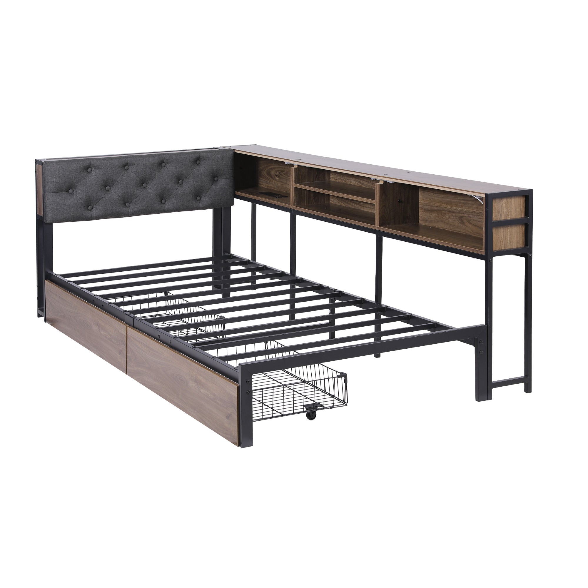 Bed Frame Single Size with 2 Drawers and Charging Station Metal Corner Bed Base - Furniture > Bedroom > Beds & Bed Frames - Rivercity House & Home Co. (ABN 18 642 972 209) - Affordable Modern Furniture Australia
