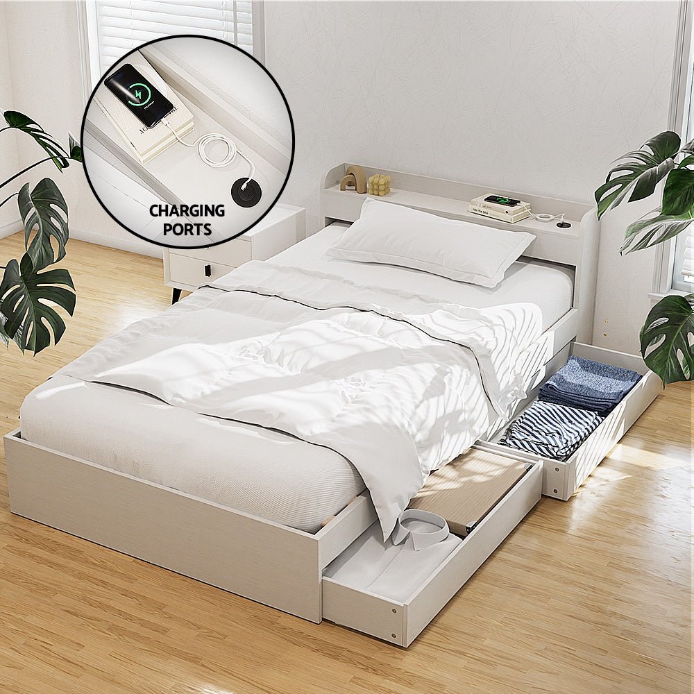 Bed Frame Single Size with Charging Ports and 2 Drawers AURA - Furniture > Bedroom > Beds & Bed Frames - Rivercity House & Home Co. (ABN 18 642 972 209) - Affordable Modern Furniture Australia