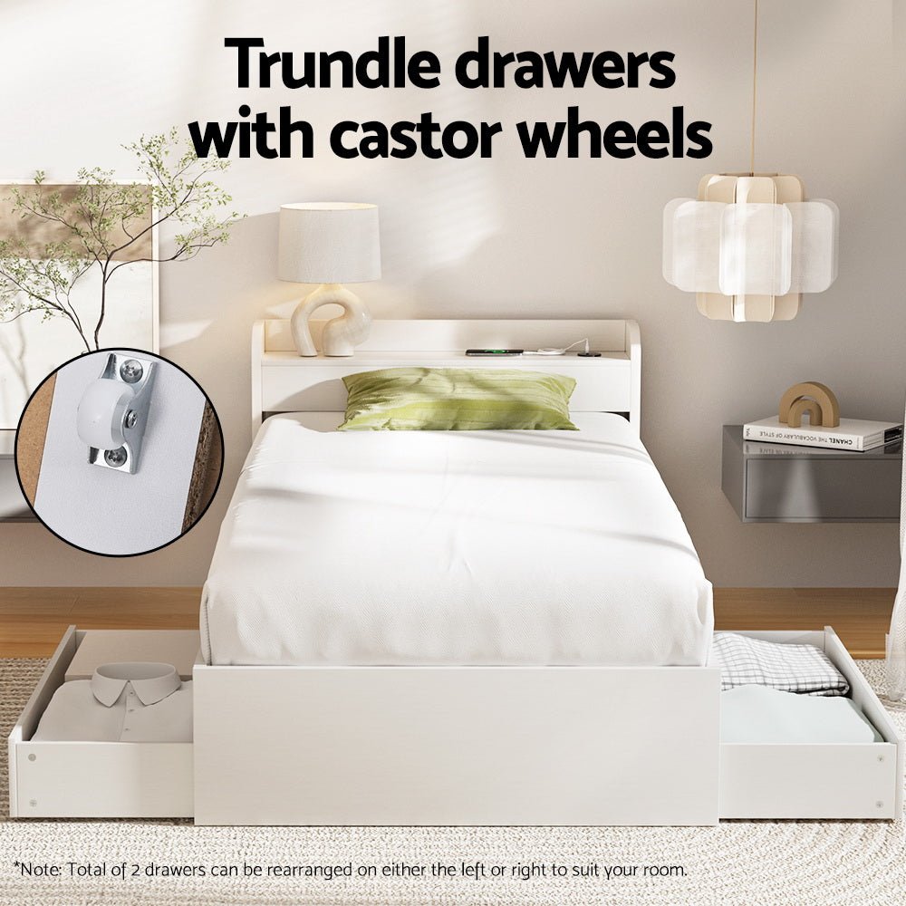Bed Frame Single Size with Charging Ports and 2 Drawers AURA - Furniture > Bedroom > Beds & Bed Frames - Rivercity House & Home Co. (ABN 18 642 972 209) - Affordable Modern Furniture Australia