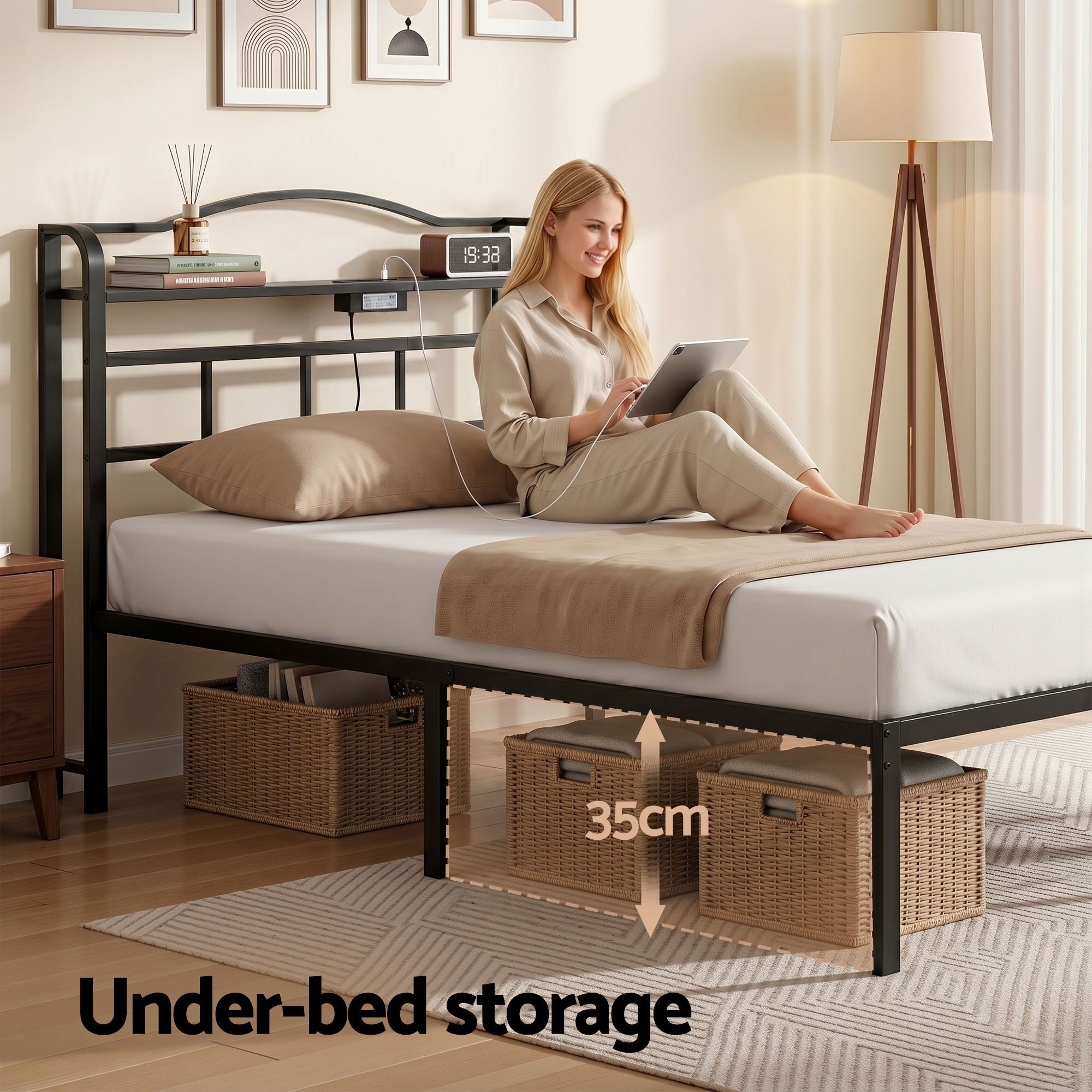 Bed Frame Single Size with Charging Station WAVE - Furniture > Bedroom > Beds & Bed Frames - Rivercity House & Home Co. (ABN 18 642 972 209) - Affordable Modern Furniture Australia