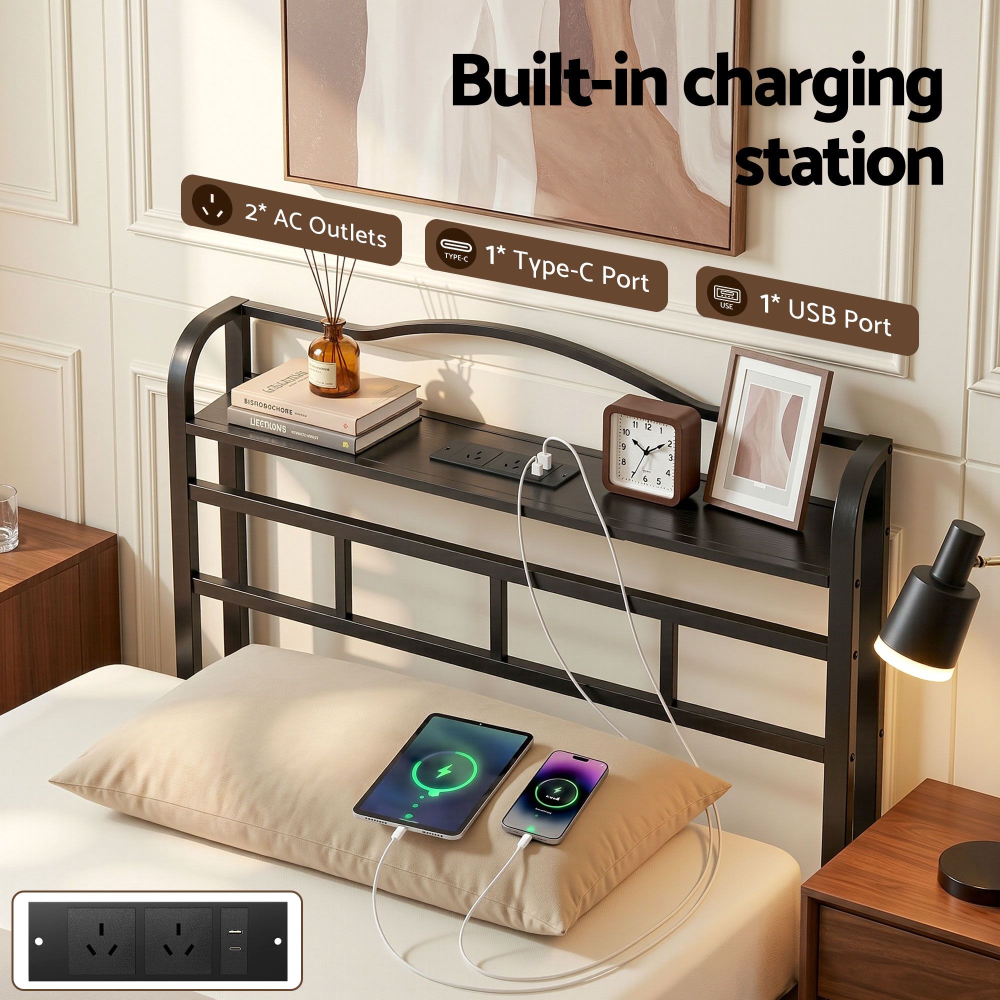 Bed Frame Single Size with Charging Station WAVE - Furniture > Bedroom > Beds & Bed Frames - Rivercity House & Home Co. (ABN 18 642 972 209) - Affordable Modern Furniture Australia