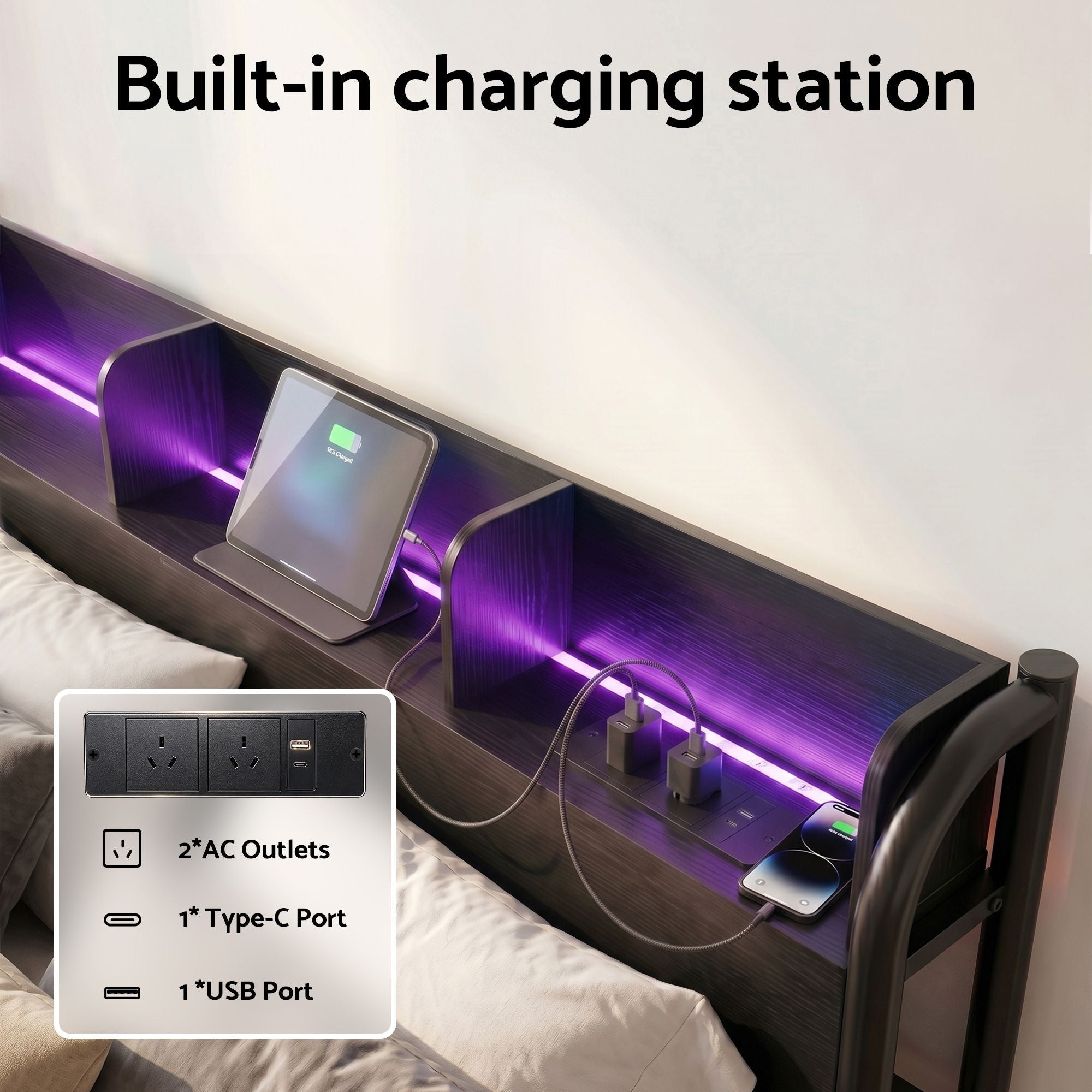 Bed Frame Single Size with Storage Shelf Headboard Charging Station GRID - Furniture > Bedroom > Beds & Bed Frames - Rivercity House & Home Co. (ABN 18 642 972 209) - Affordable Modern Furniture Australia