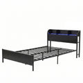 Single Metal Bed Frame with Storage Shelf & Charging Station - Black