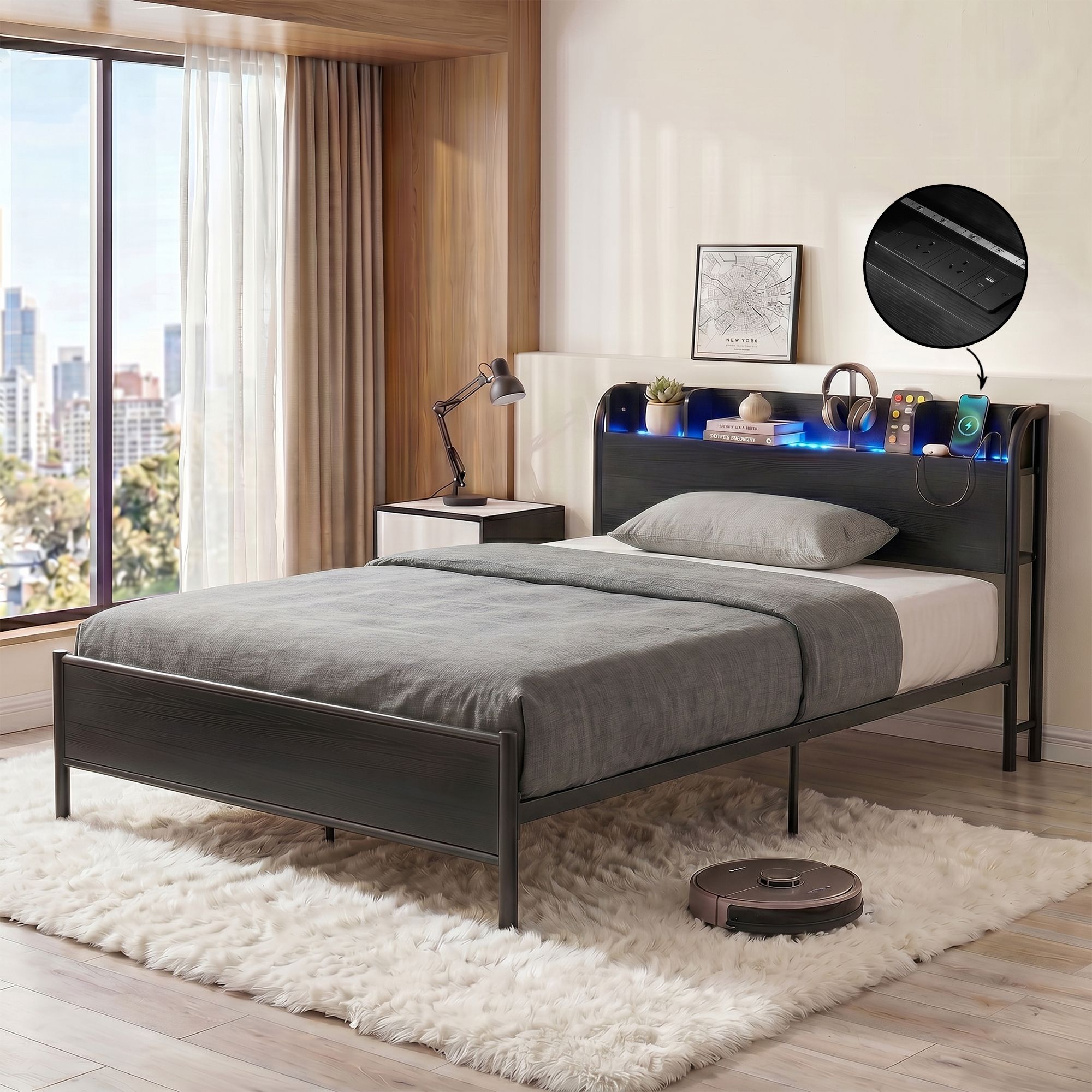 Bed Frame Single Size with Storage Shelf Headboard Charging Station GRID - Furniture > Bedroom > Beds & Bed Frames - Rivercity House & Home Co. (ABN 18 642 972 209) - Affordable Modern Furniture Australia