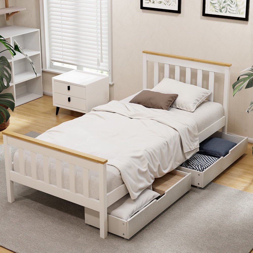 Bed Frame Single Size Wooden Platform with 2 Storage Drawers White PONY - Furniture > Bedroom > Beds & Bed Frames - Rivercity House & Home Co. (ABN 18 642 972 209) - Affordable Modern Furniture Australia