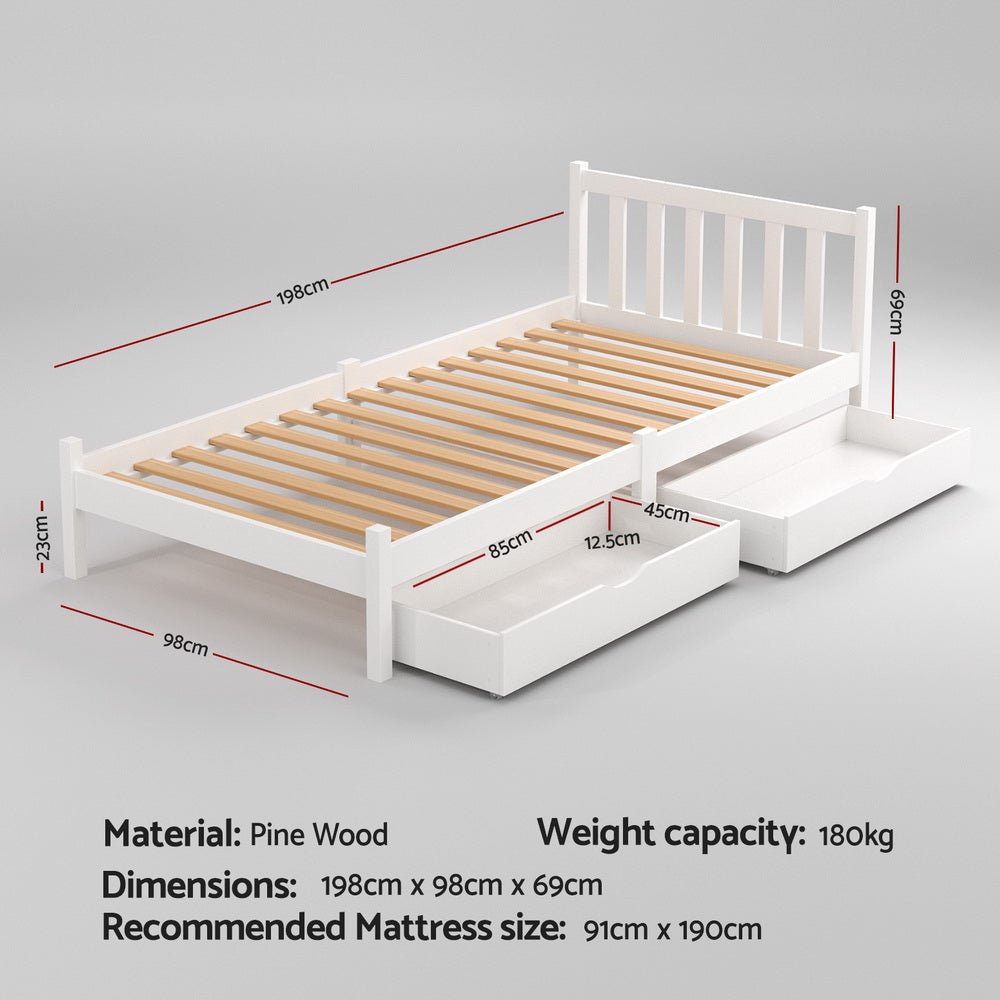 Bed Frame Single Size Wooden Platform with 2 Storage Drawers White SOFIE - Furniture > Bedroom > Beds & Bed Frames - Rivercity House & Home Co. (ABN 18 642 972 209) - Affordable Modern Furniture Australia