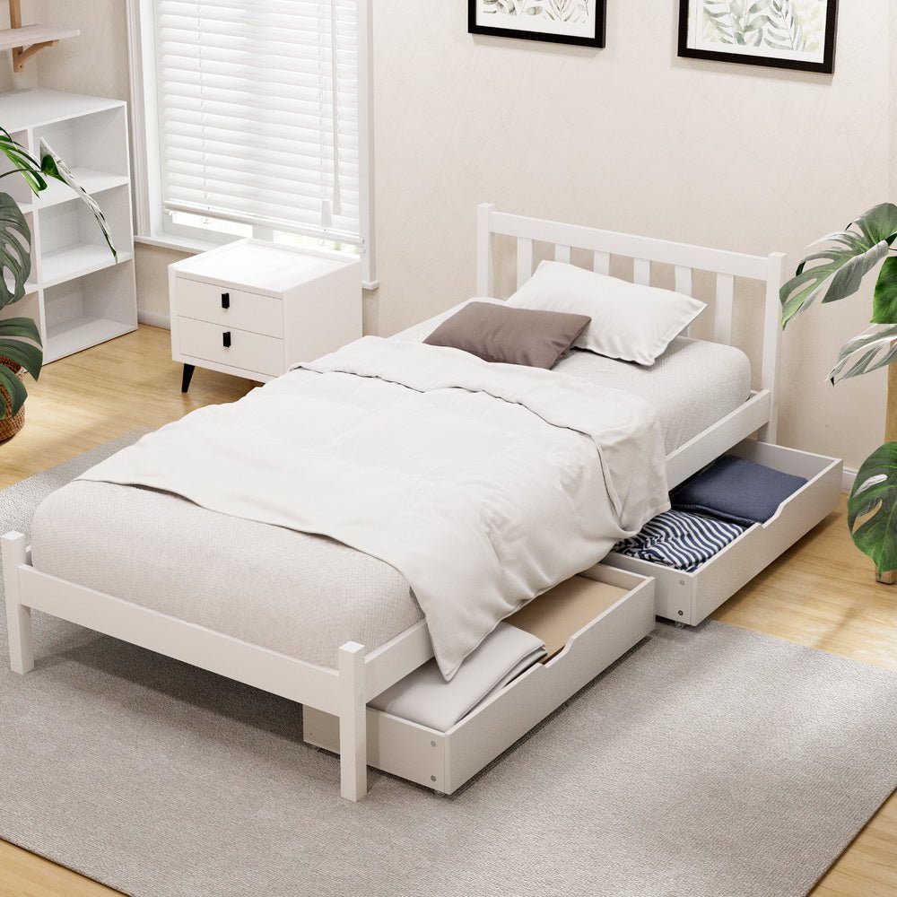 Bed Frame Single Size Wooden Platform with 2 Storage Drawers White SOFIE - Furniture > Bedroom > Beds & Bed Frames - Rivercity House & Home Co. (ABN 18 642 972 209) - Affordable Modern Furniture Australia