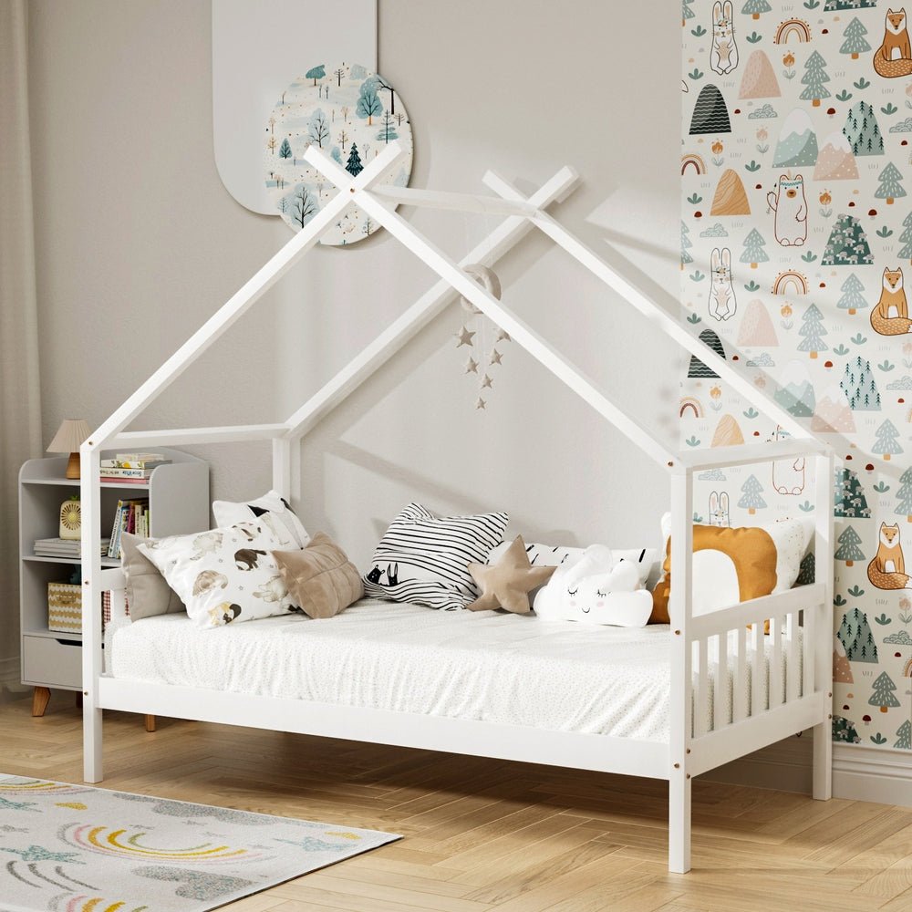 Bed Frame Wooden Base Kids Single Timber House Beds White - Furniture > Bedroom > Beds & Bed Frames - Rivercity House & Home Co. (ABN 18 642 972 209) - Affordable Modern Furniture Australia