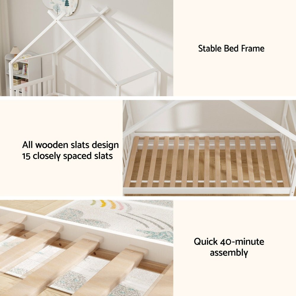 Bed Frame Wooden Base Kids Single Timber House with 2 Storage Drawers Beds White - Furniture > Bedroom > Beds & Bed Frames - Rivercity House & Home Co. (ABN 18 642 972 209) - Affordable Modern Furniture Australia