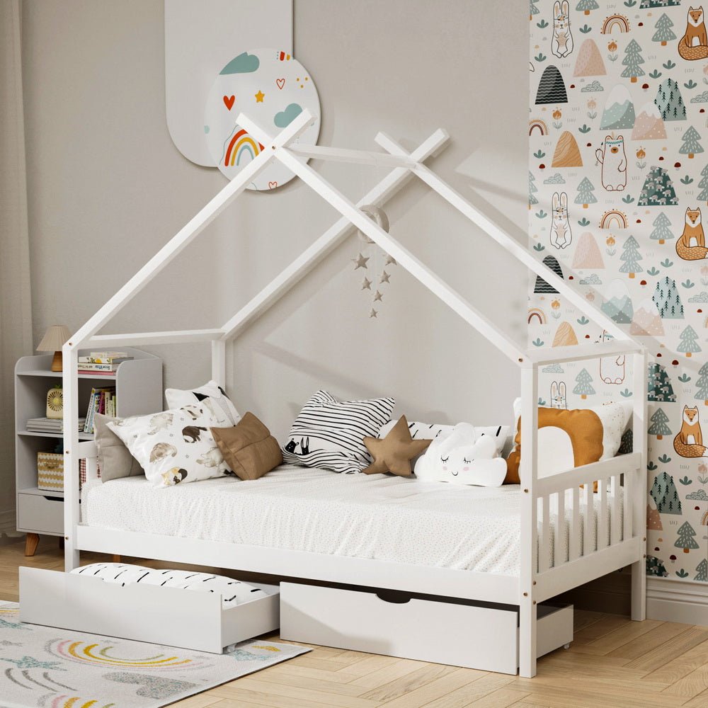 Bed Frame Wooden Base Kids Single Timber House with 2 Storage Drawers Beds White - Furniture > Bedroom > Beds & Bed Frames - Rivercity House & Home Co. (ABN 18 642 972 209) - Affordable Modern Furniture Australia