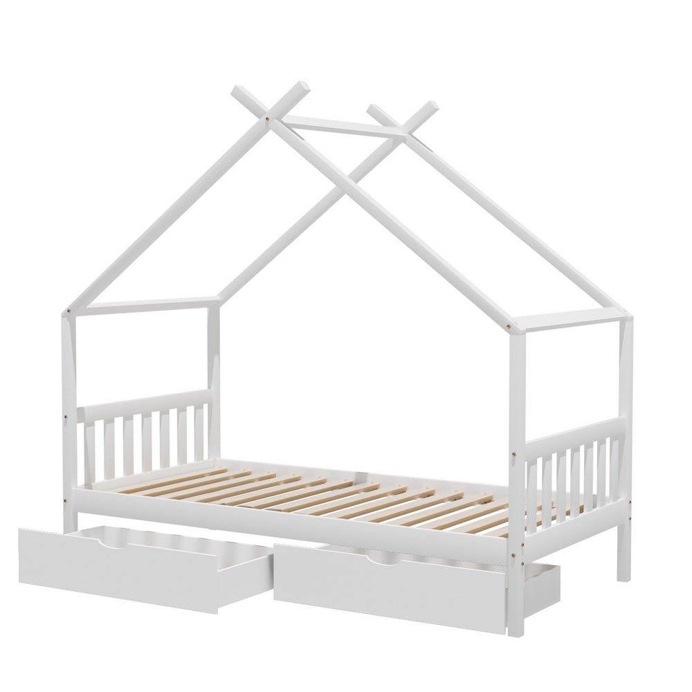 Bed Frame Wooden Base Kids Single Timber House with 2 Storage Drawers Beds White - Furniture > Bedroom > Beds & Bed Frames - Rivercity House & Home Co. (ABN 18 642 972 209) - Affordable Modern Furniture Australia