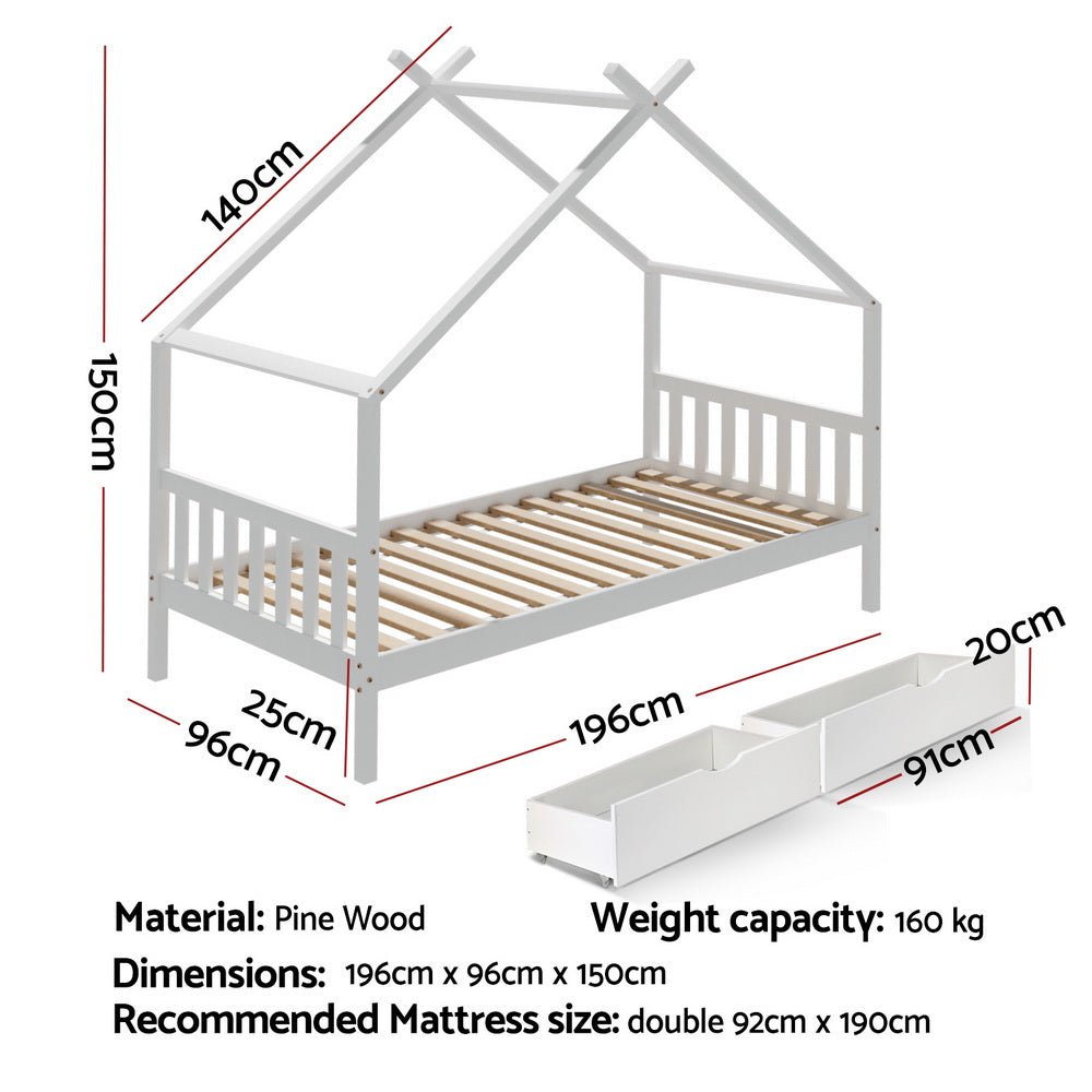 Bed Frame Wooden Base Kids Single Timber House with 2 Storage Drawers Beds White - Furniture > Bedroom > Beds & Bed Frames - Rivercity House & Home Co. (ABN 18 642 972 209) - Affordable Modern Furniture Australia