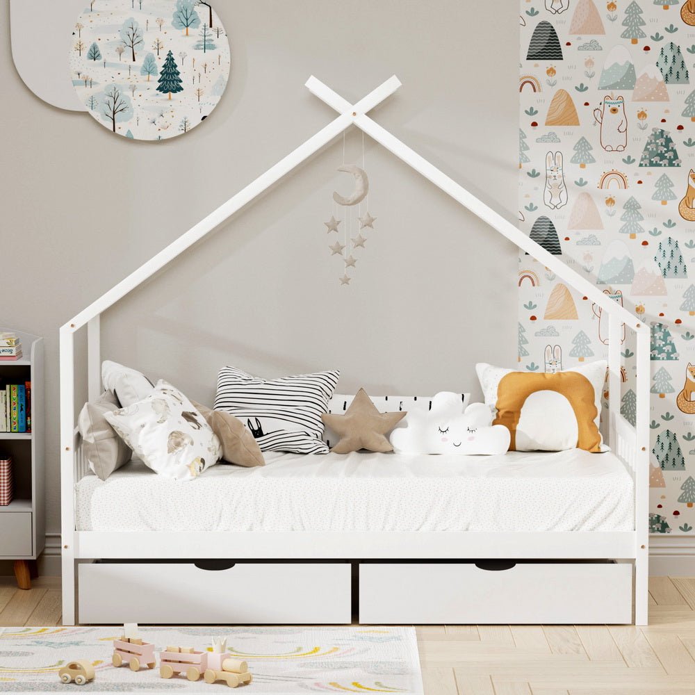 Bed Frame Wooden Base Kids Single Timber House with 2 Storage Drawers Beds White - Furniture > Bedroom > Beds & Bed Frames - Rivercity House & Home Co. (ABN 18 642 972 209) - Affordable Modern Furniture Australia