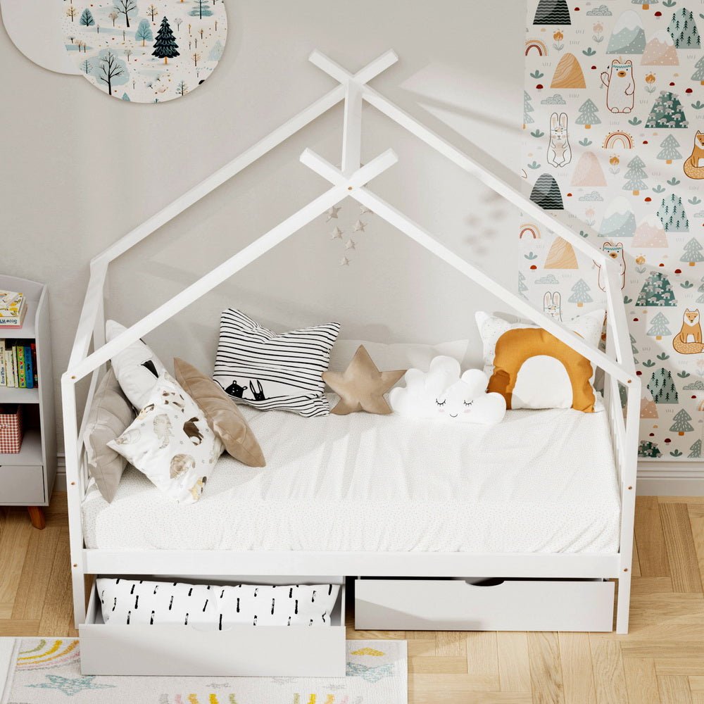 Bed Frame Wooden Base Kids Single Timber House with 2 Storage Drawers Beds White - Furniture > Bedroom > Beds & Bed Frames - Rivercity House & Home Co. (ABN 18 642 972 209) - Affordable Modern Furniture Australia