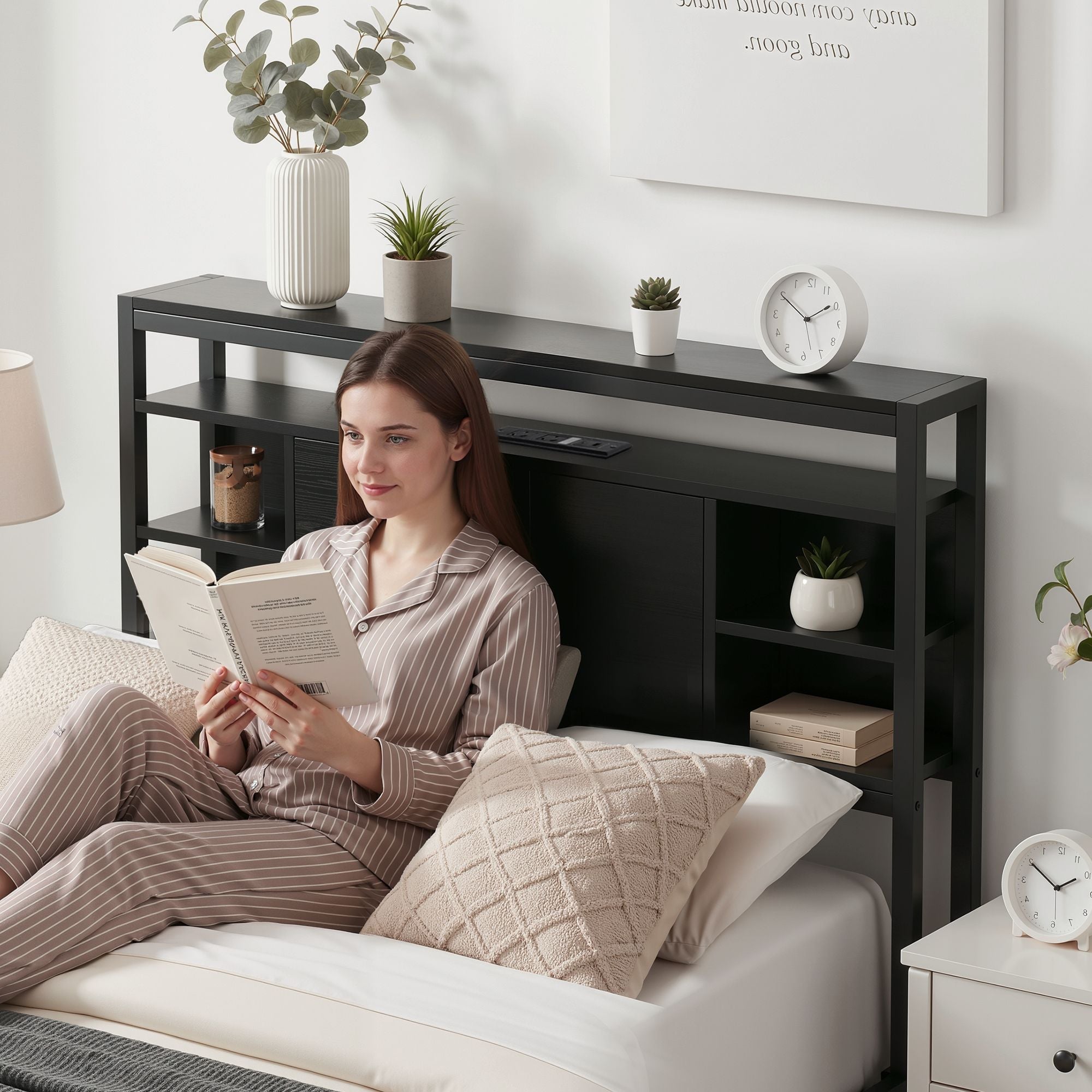 Bed Headboard King Single Storage Bedhead Charging Station Black - Furniture > Bedroom > Headboards - Rivercity House & Home Co. (ABN 18 642 972 209) - Affordable Modern Furniture Australia