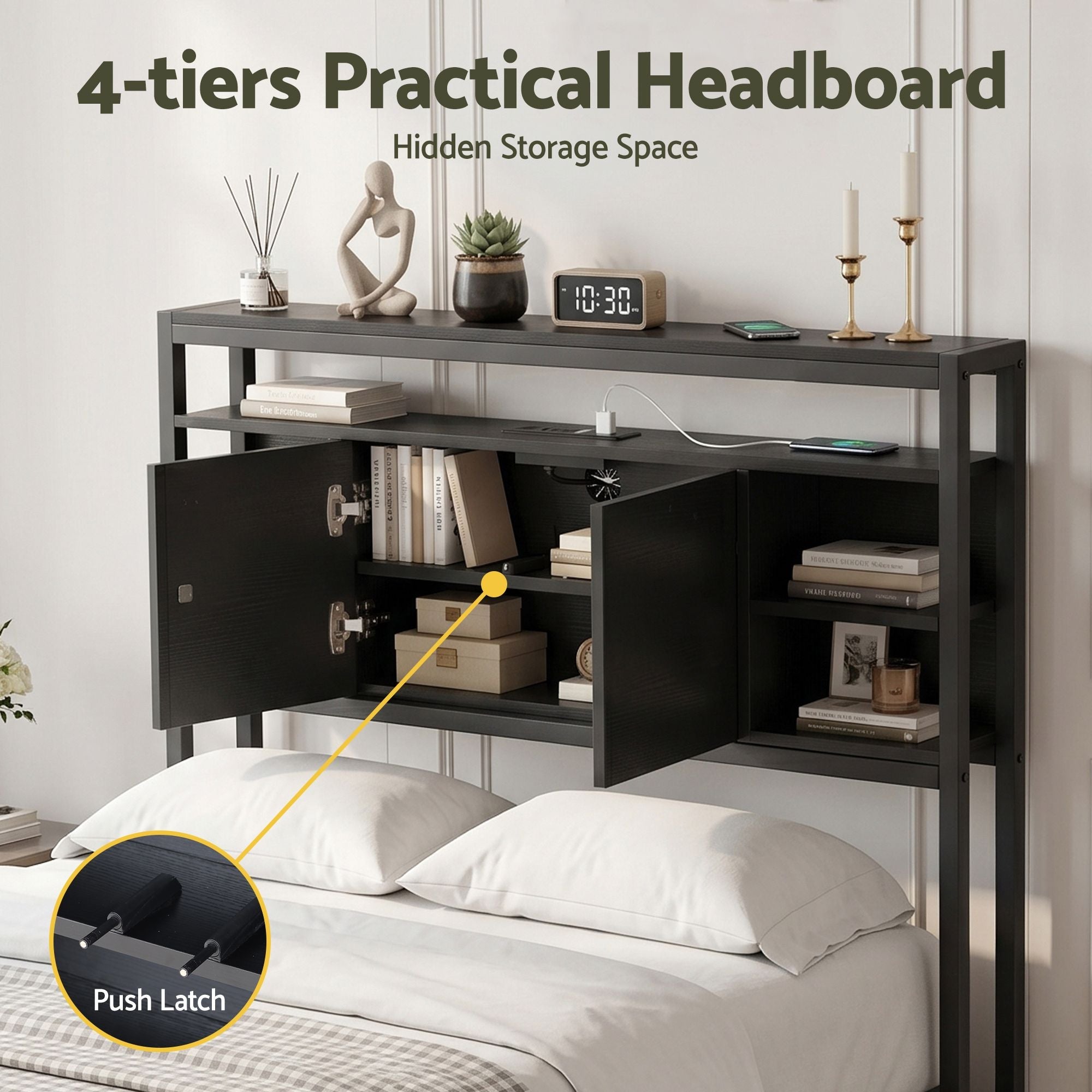 Bed Headboard King Single Storage Bedhead Charging Station Black - Furniture > Bedroom > Headboards - Rivercity House & Home Co. (ABN 18 642 972 209) - Affordable Modern Furniture Australia