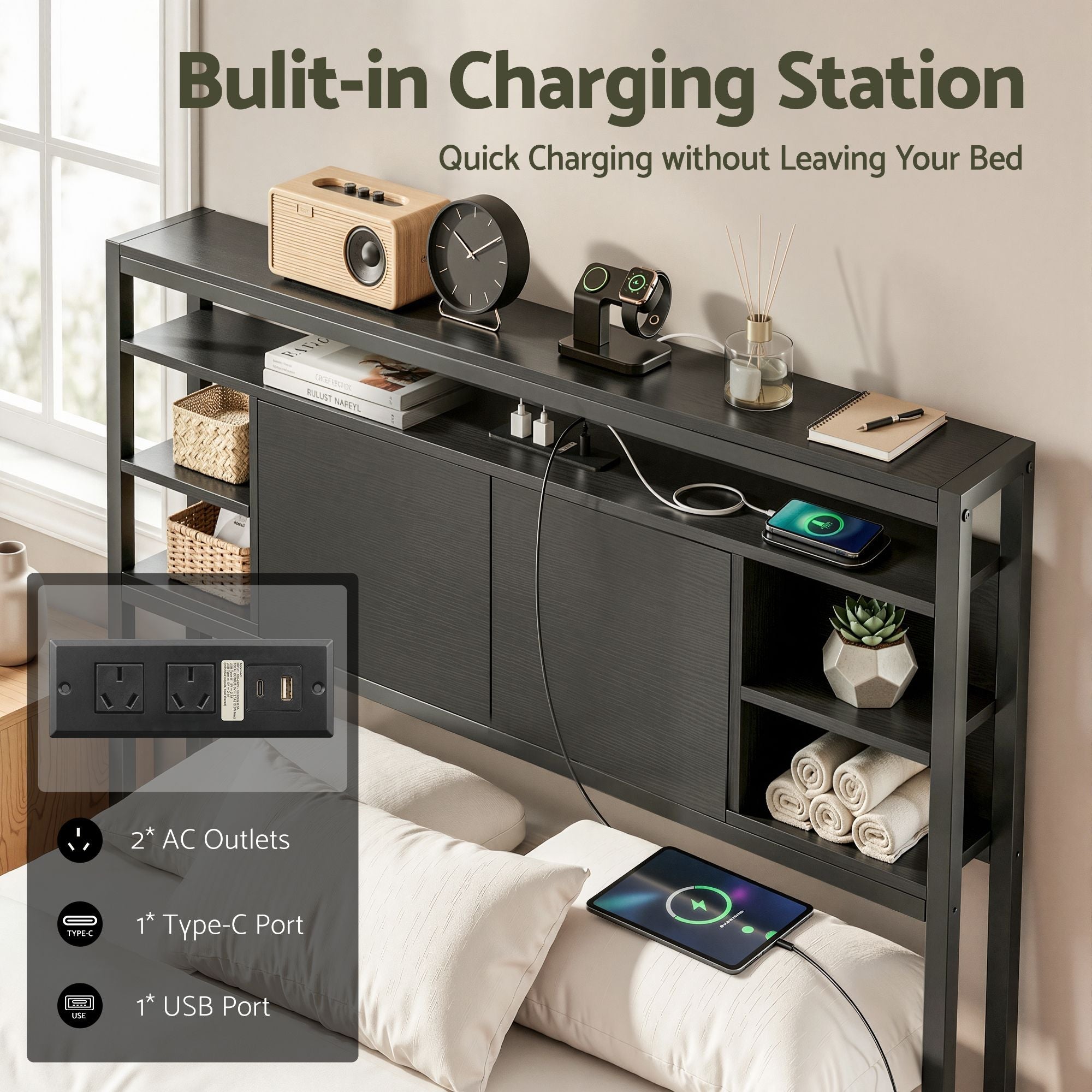 Bed Headboard King Single Storage Bedhead Charging Station Black - Furniture > Bedroom > Headboards - Rivercity House & Home Co. (ABN 18 642 972 209) - Affordable Modern Furniture Australia