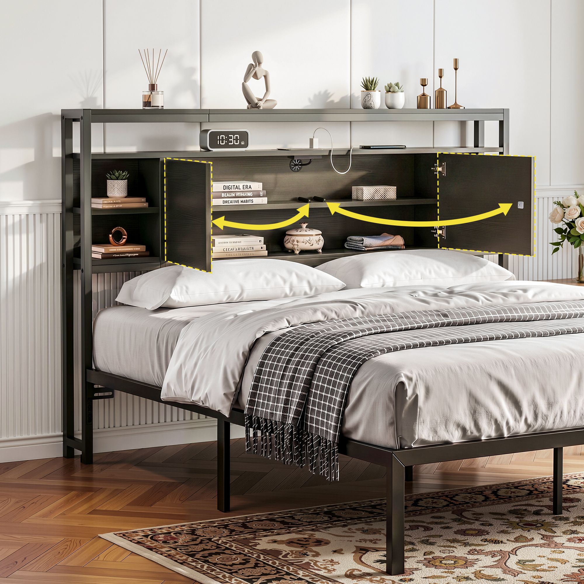 Bed Headboard Queen Storage Bedhead Charging Station Black - Furniture > Bedroom > Headboards - Rivercity House & Home Co. (ABN 18 642 972 209) - Affordable Modern Furniture Australia
