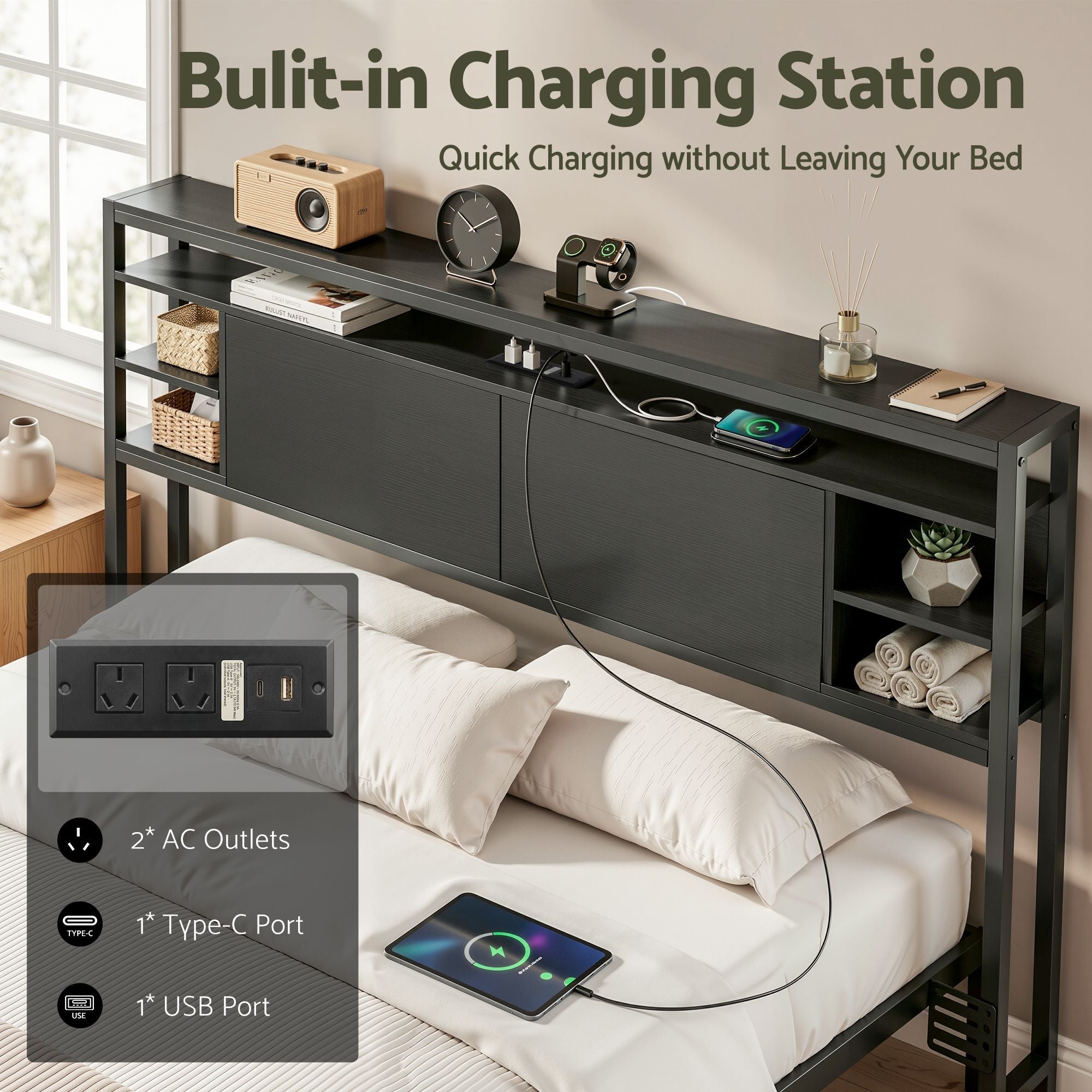 Bed Headboard Queen Storage Bedhead Charging Station Black - Furniture > Bedroom > Headboards - Rivercity House & Home Co. (ABN 18 642 972 209) - Affordable Modern Furniture Australia
