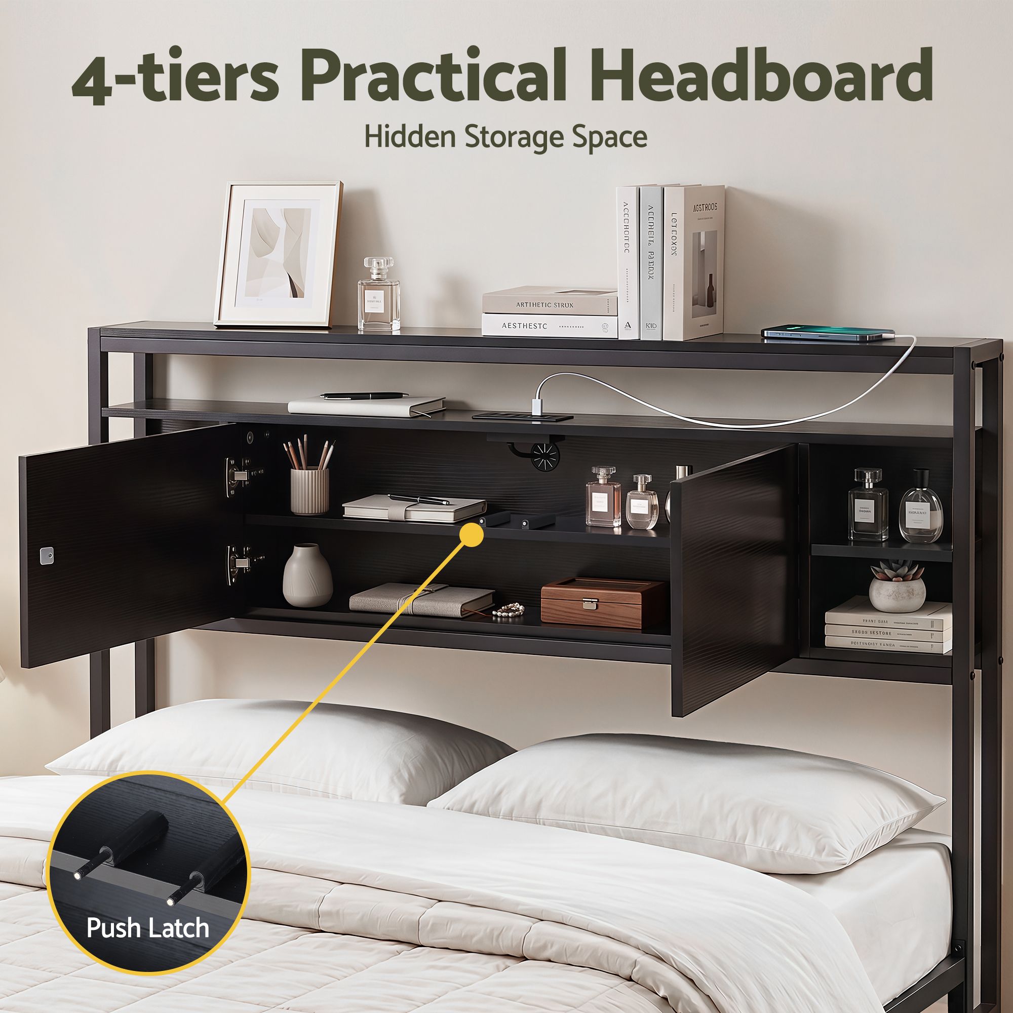 Bed Headboard Queen Storage Bedhead Charging Station Black - Furniture > Bedroom > Headboards - Rivercity House & Home Co. (ABN 18 642 972 209) - Affordable Modern Furniture Australia