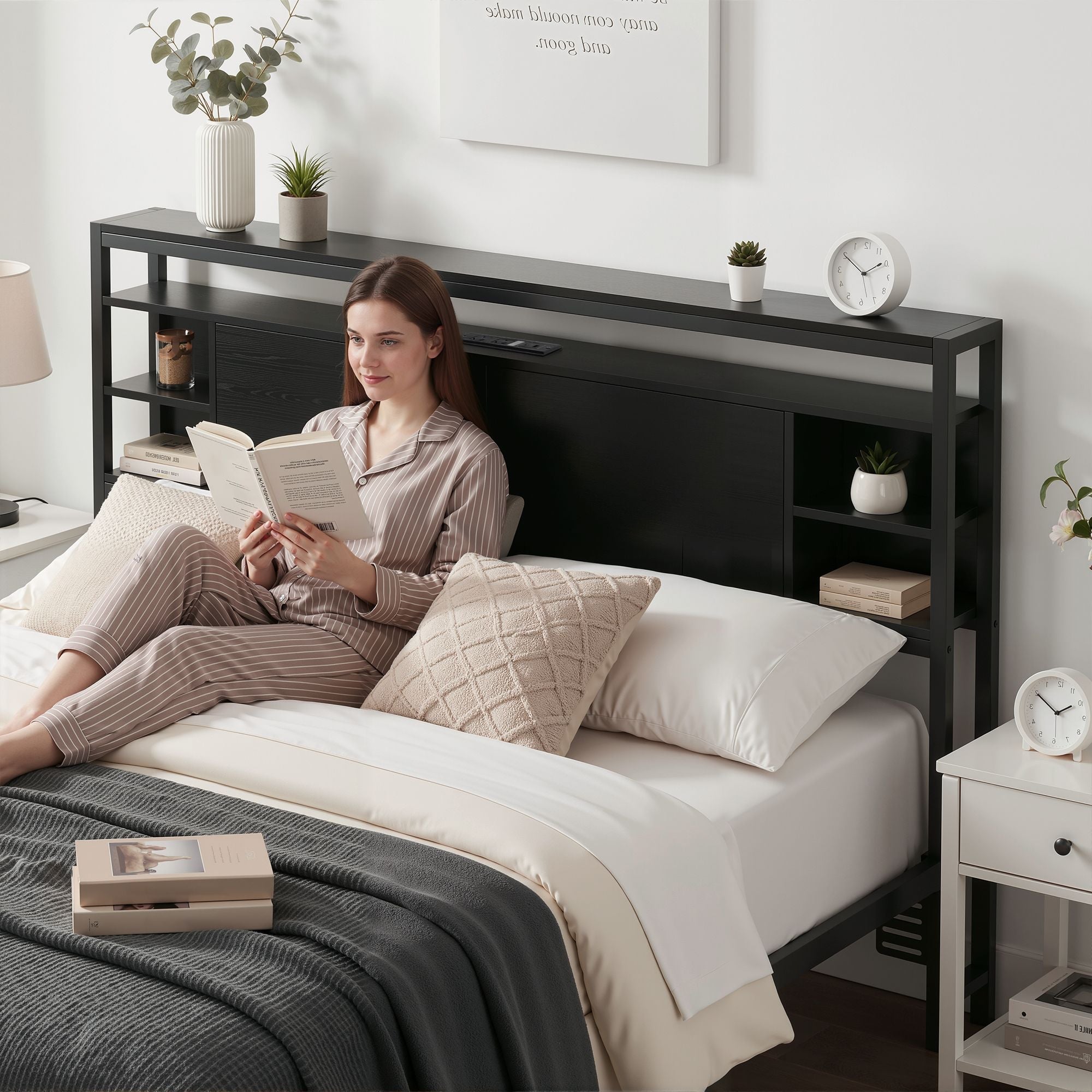 Bed Headboard Queen Storage Bedhead Charging Station Black - Furniture > Bedroom > Headboards - Rivercity House & Home Co. (ABN 18 642 972 209) - Affordable Modern Furniture Australia