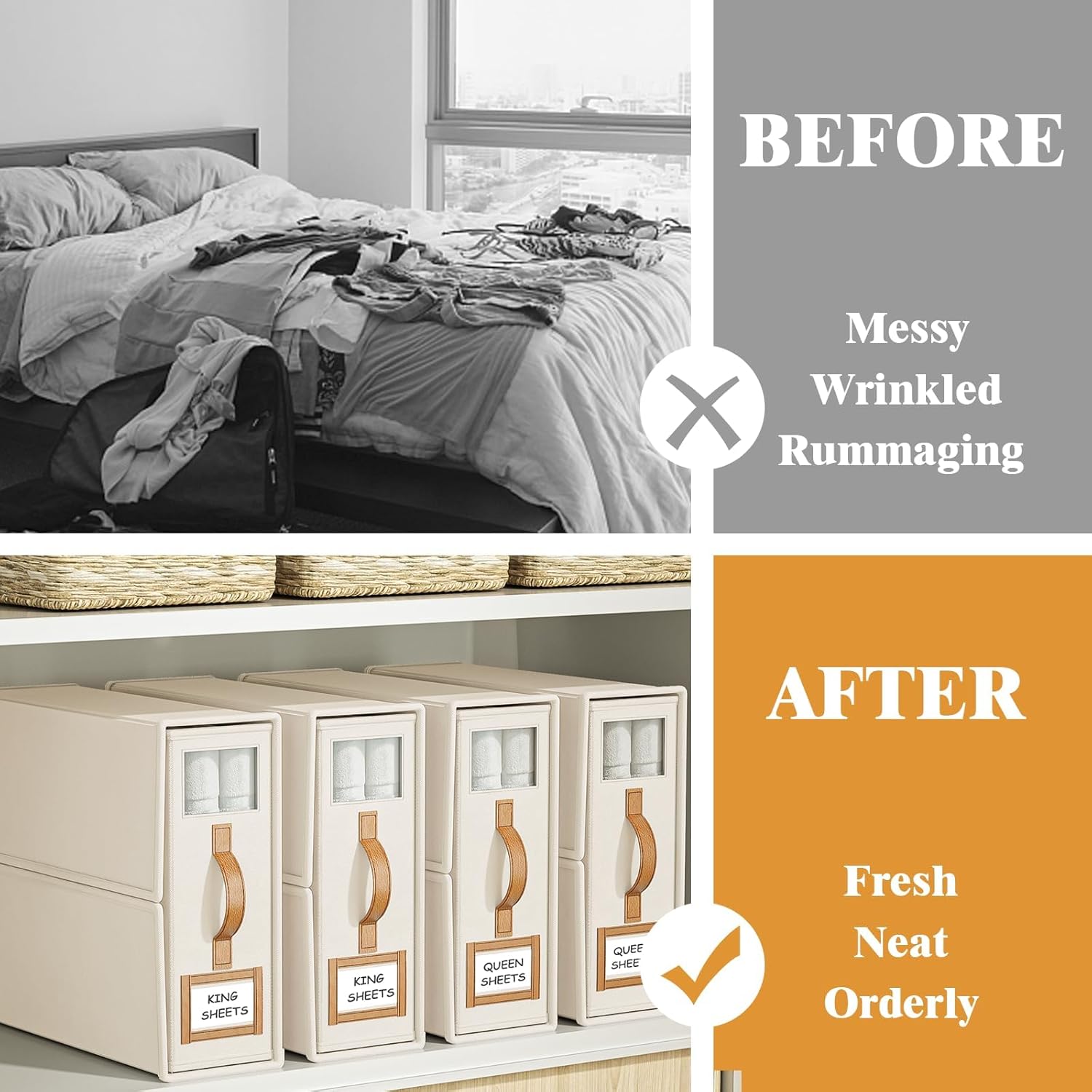 Bed Sheet Organiser Set of 4 with Handle & Window for Bedding Storage - Beige - Home & Garden > Bedding > Pillowcases - Rivercity House & Home Co. (ABN 18 642 972 209) - Affordable Modern Furniture Australia