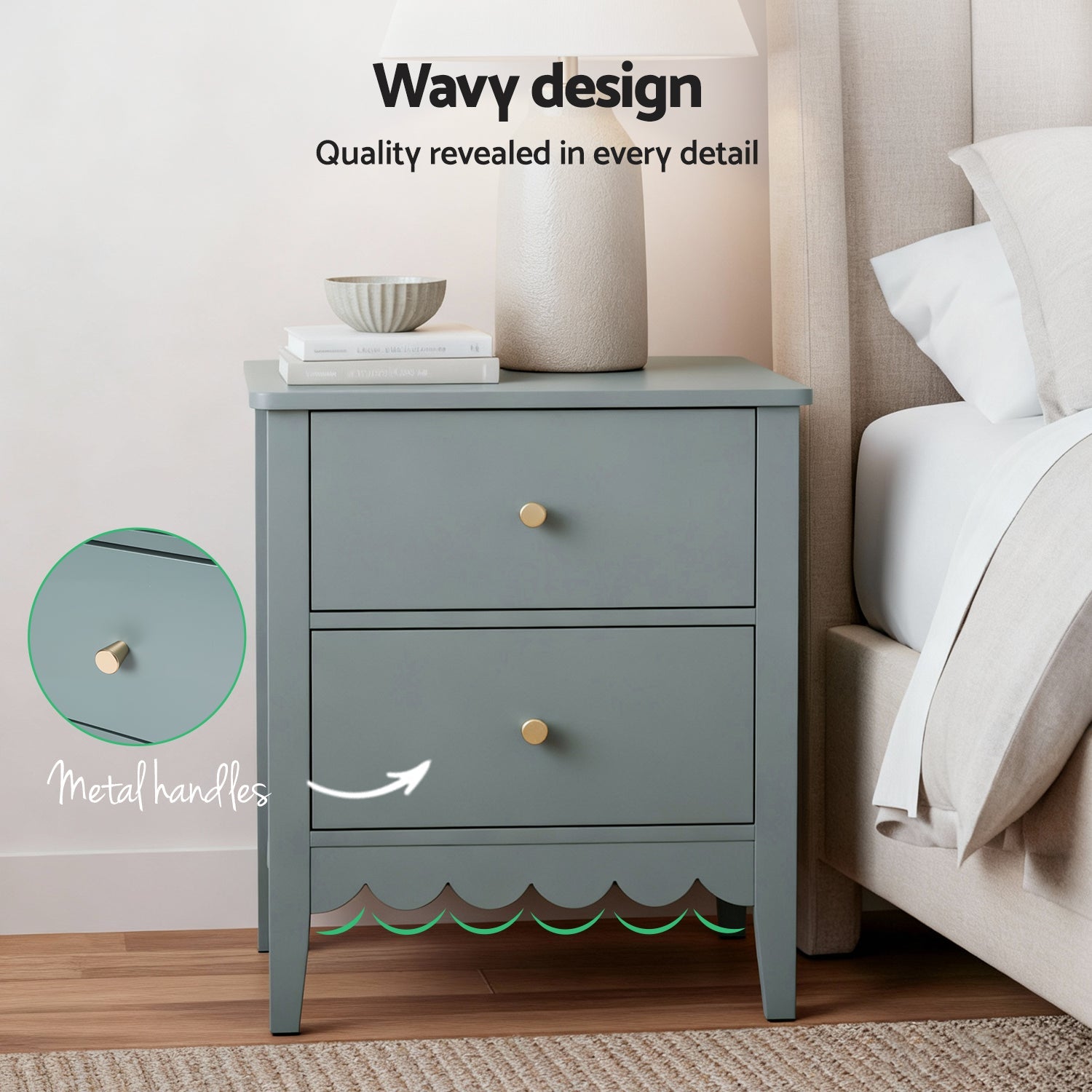 Bedside Table 2 Drawers Bedroom Storage Nightstand Green - Furniture > Bedroom > Bedside Tables - Rivercity House & Home Co. (ABN 18 642 972 209) - Affordable Modern Furniture Australia