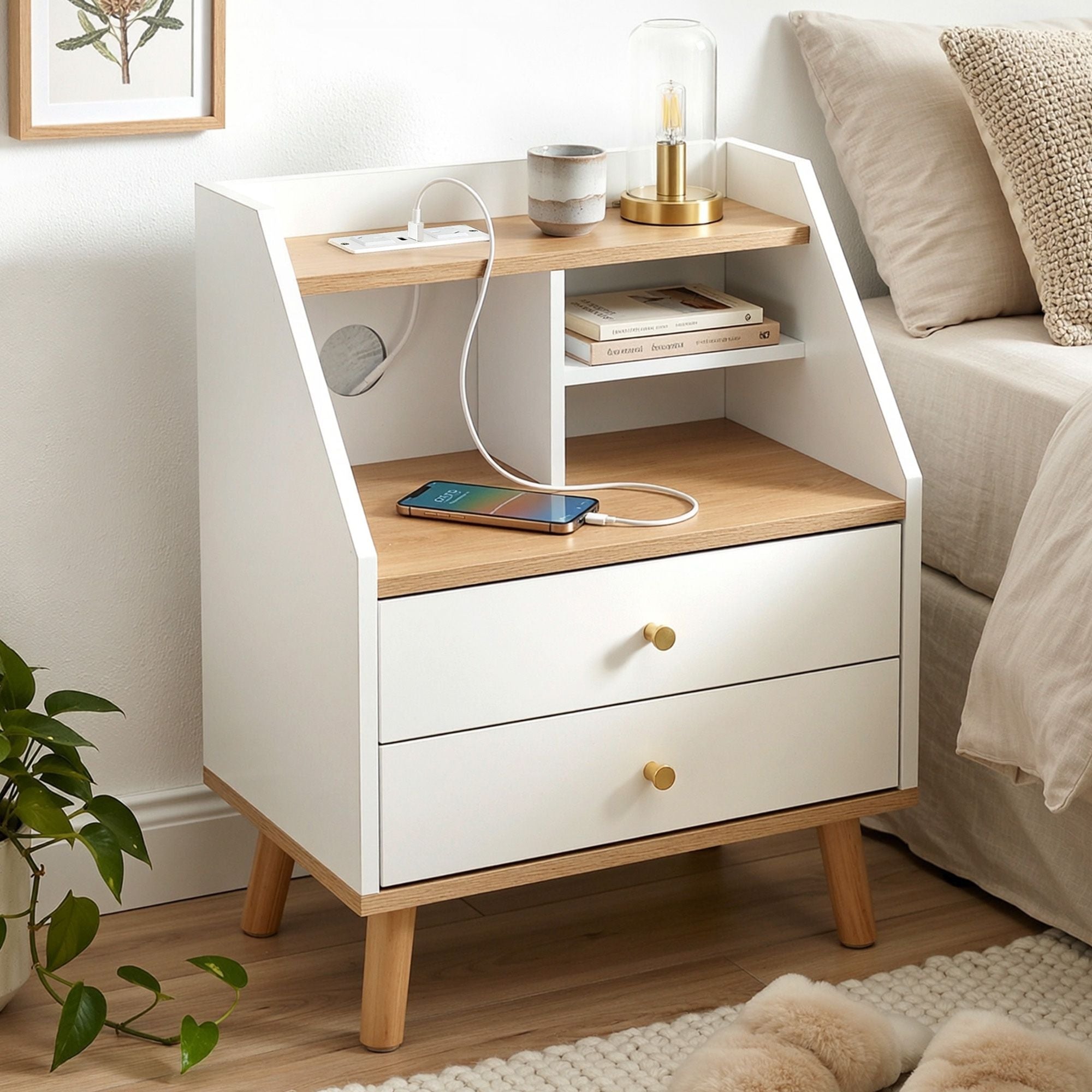 Bedside Table 2 Drawers Charging Station White and Pine - Furniture > Bedroom > Bedside Tables - Rivercity House & Home Co. (ABN 18 642 972 209) - Affordable Modern Furniture Australia