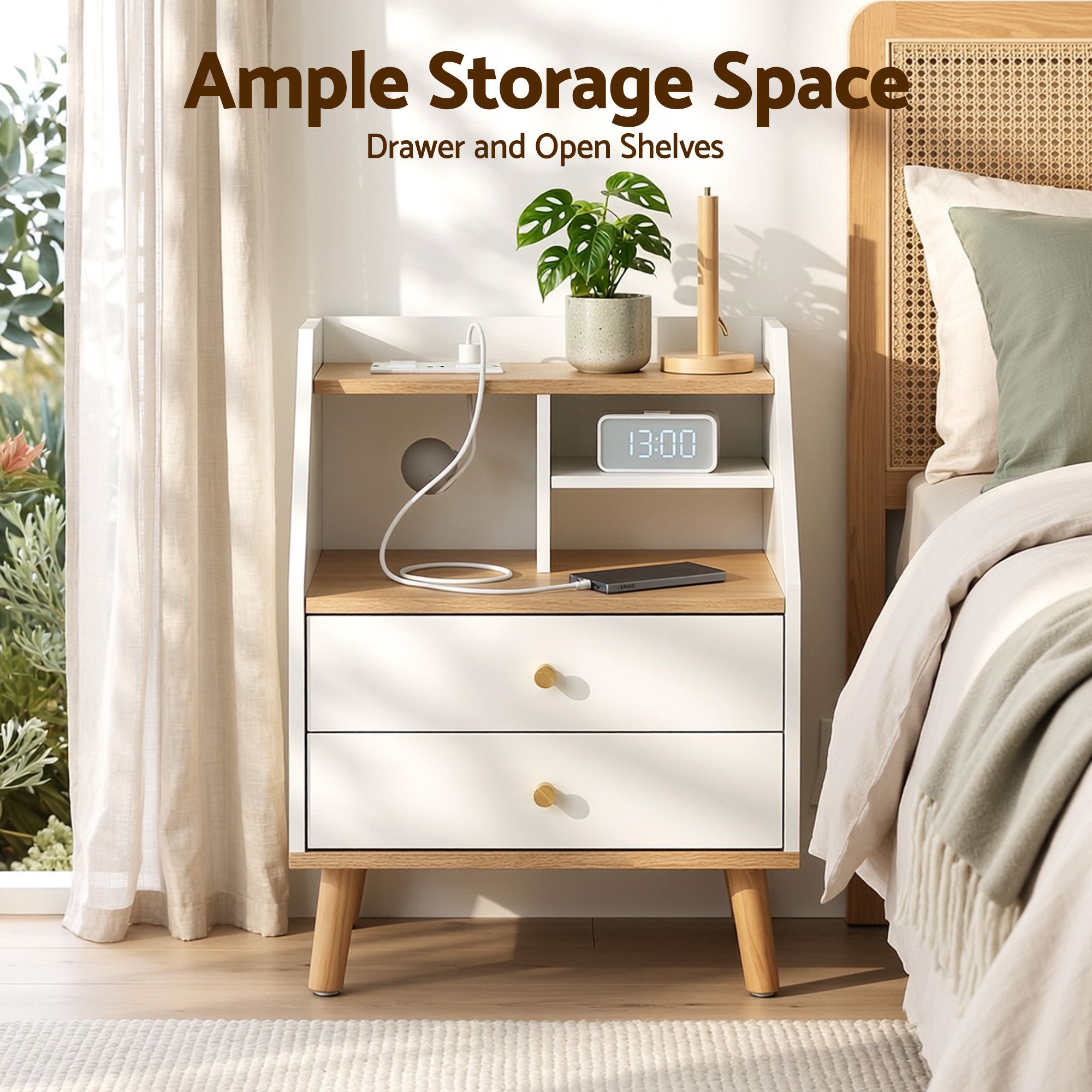 Bedside Table 2 Drawers Charging Station White and Pine - Furniture > Bedroom > Bedside Tables - Rivercity House & Home Co. (ABN 18 642 972 209) - Affordable Modern Furniture Australia