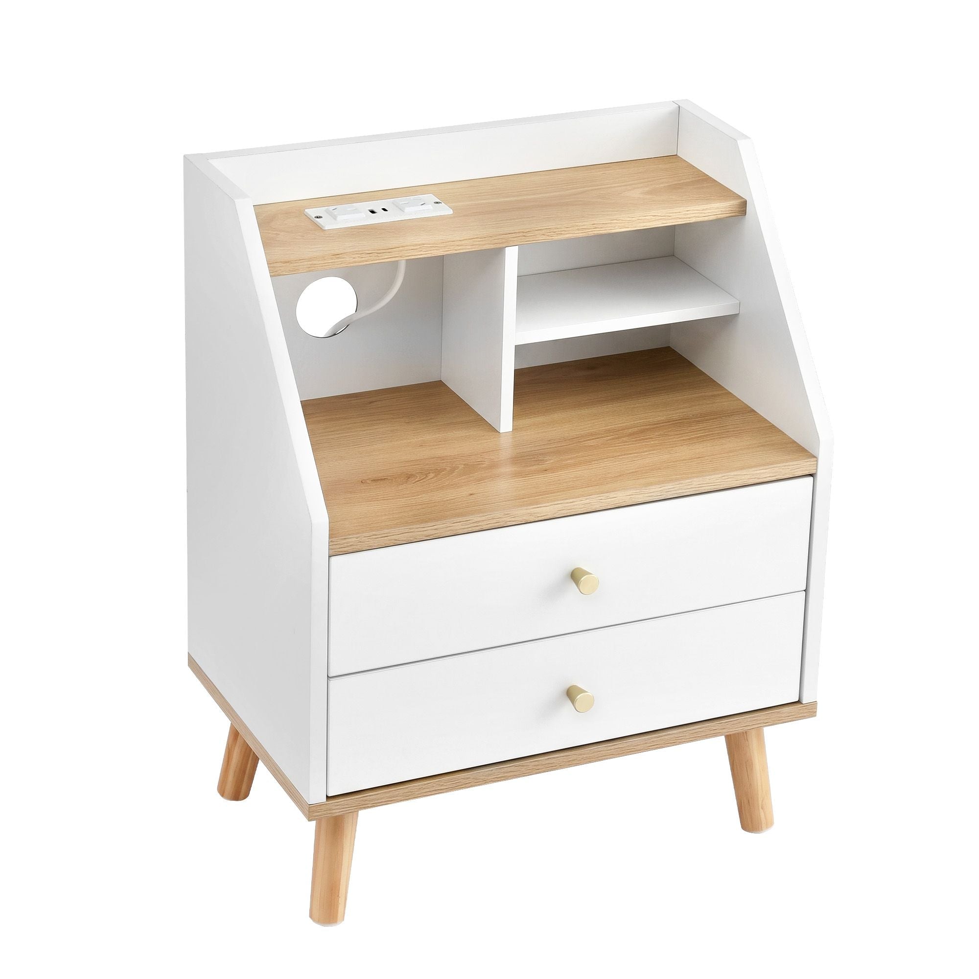 Bedside Table 2 Drawers Charging Station White and Pine - Furniture > Bedroom > Bedside Tables - Rivercity House & Home Co. (ABN 18 642 972 209) - Affordable Modern Furniture Australia