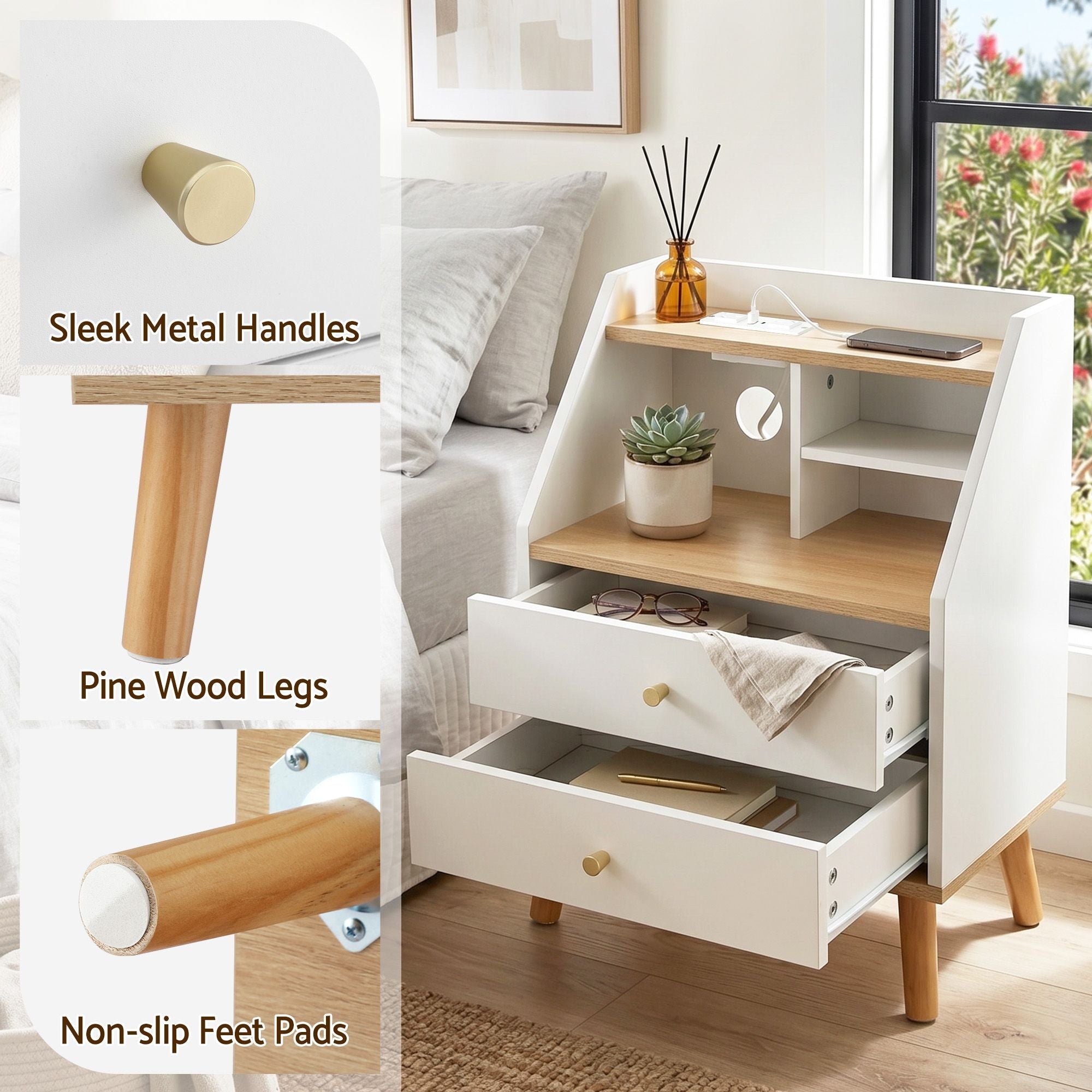 Bedside Table 2 Drawers Charging Station White and Pine - Furniture > Bedroom > Bedside Tables - Rivercity House & Home Co. (ABN 18 642 972 209) - Affordable Modern Furniture Australia