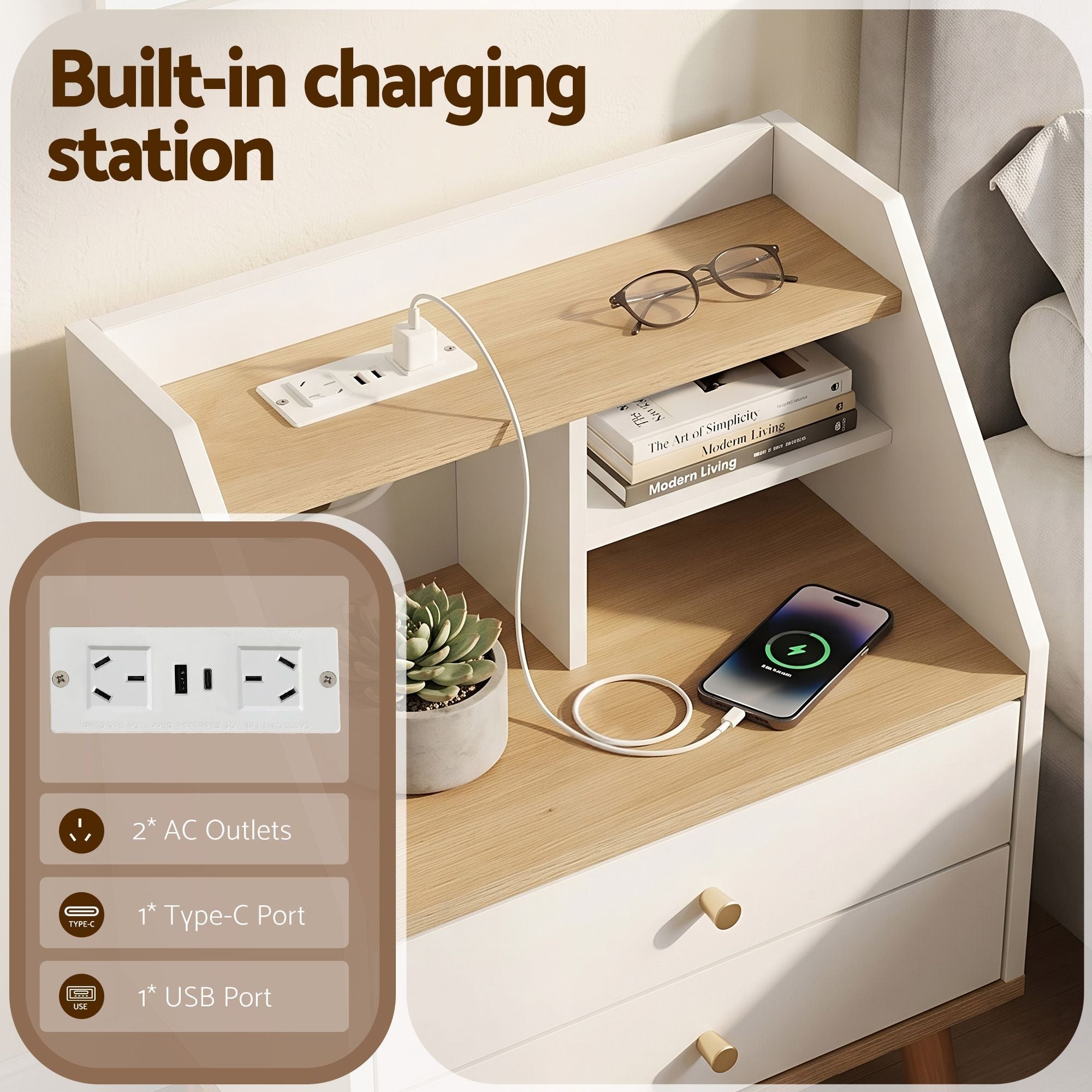 Bedside Table 2 Drawers Charging Station White and Pine - Furniture > Bedroom > Bedside Tables - Rivercity House & Home Co. (ABN 18 642 972 209) - Affordable Modern Furniture Australia