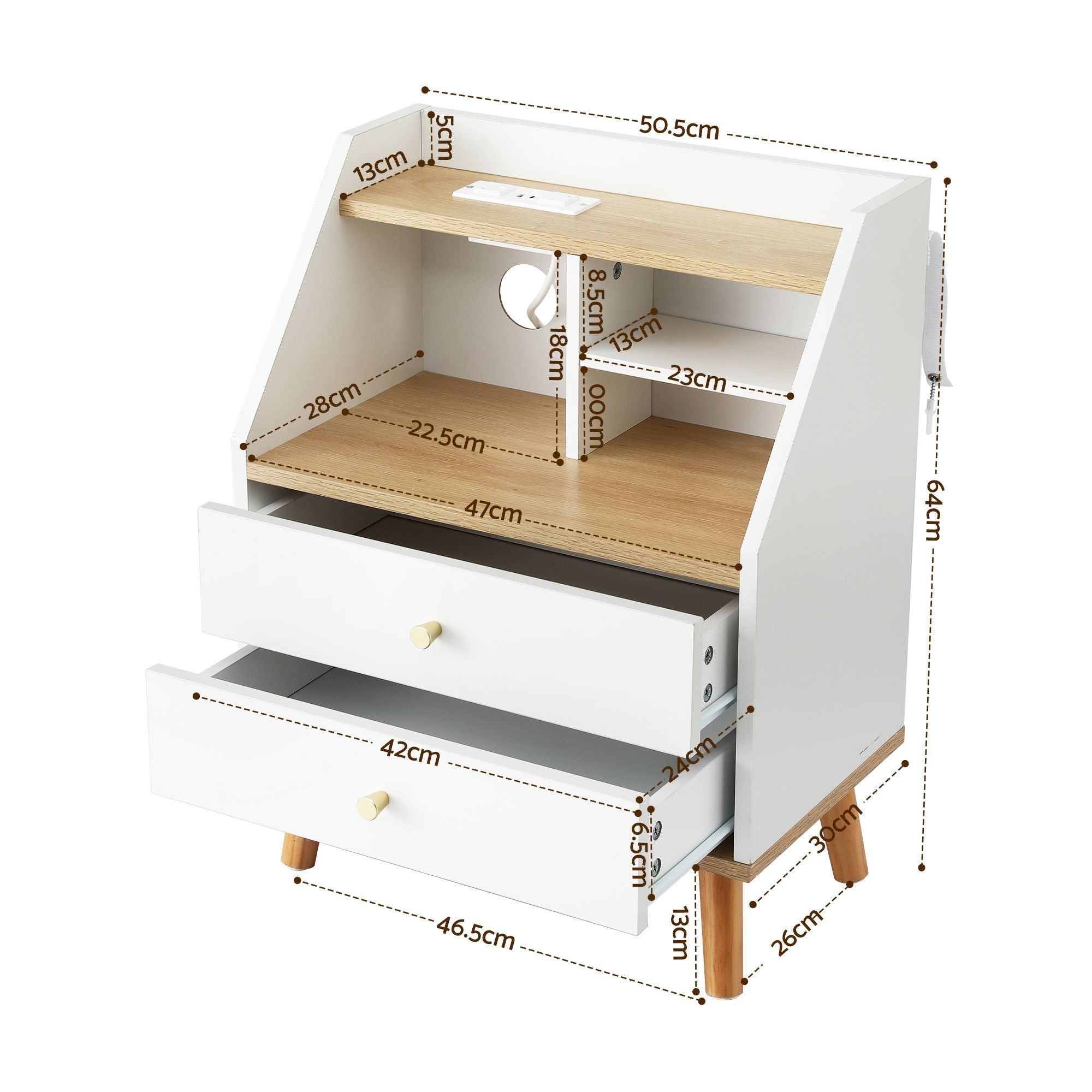 Bedside Table 2 Drawers Charging Station White and Pine - Furniture > Bedroom > Bedside Tables - Rivercity House & Home Co. (ABN 18 642 972 209) - Affordable Modern Furniture Australia