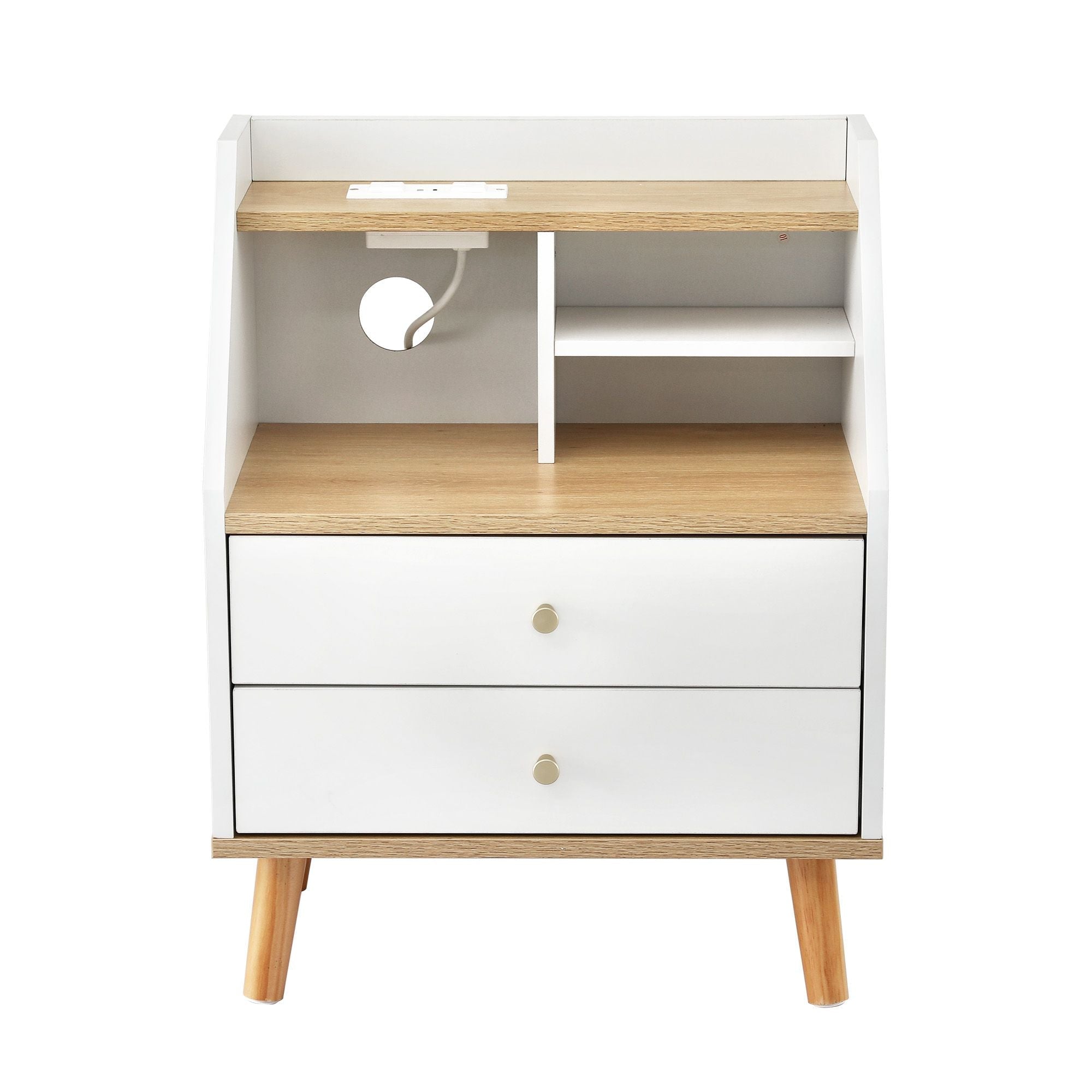 Bedside Table 2 Drawers Charging Station White and Pine - Furniture > Bedroom > Bedside Tables - Rivercity House & Home Co. (ABN 18 642 972 209) - Affordable Modern Furniture Australia
