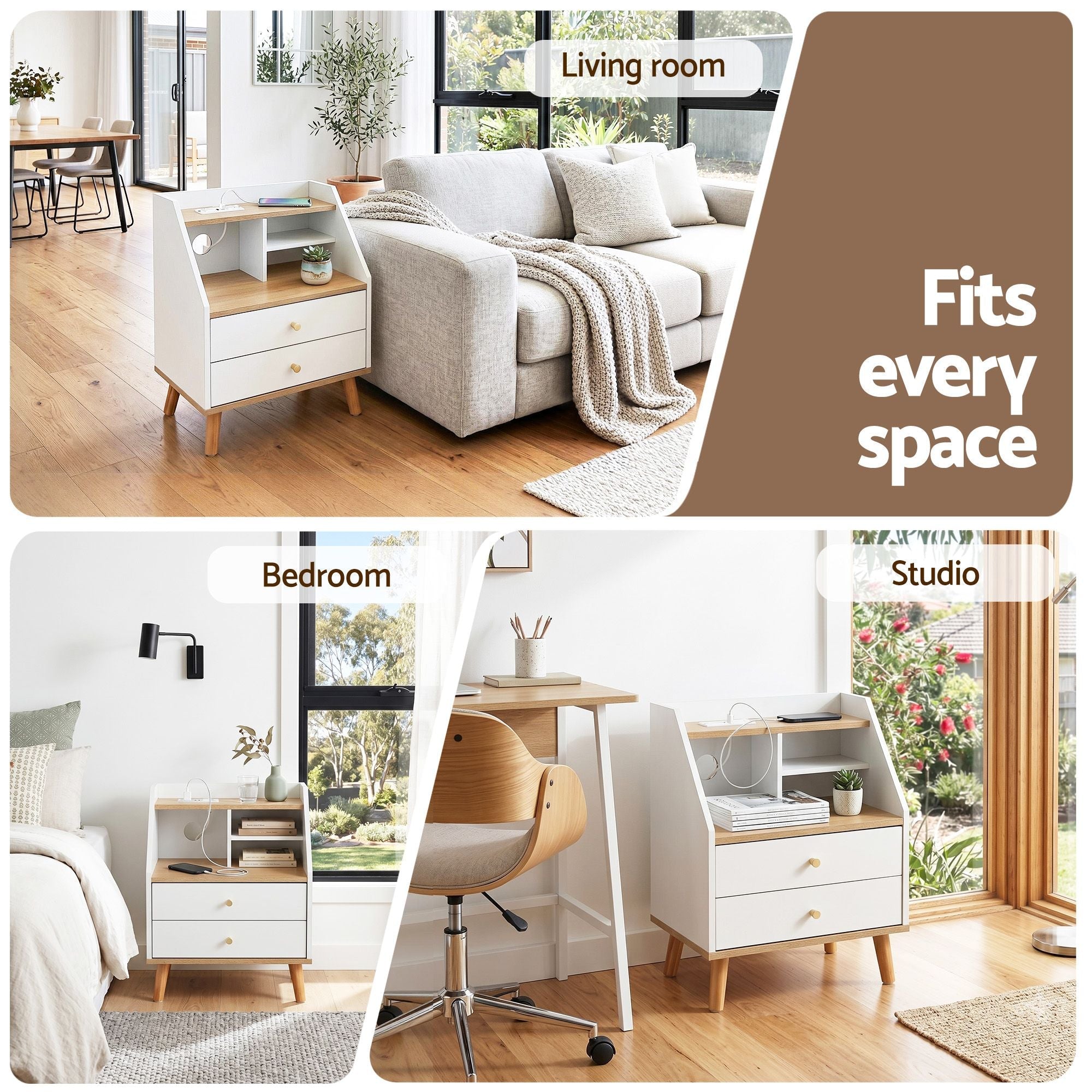 Bedside Table 2 Drawers Charging Station White and Pine - Furniture > Bedroom > Bedside Tables - Rivercity House & Home Co. (ABN 18 642 972 209) - Affordable Modern Furniture Australia