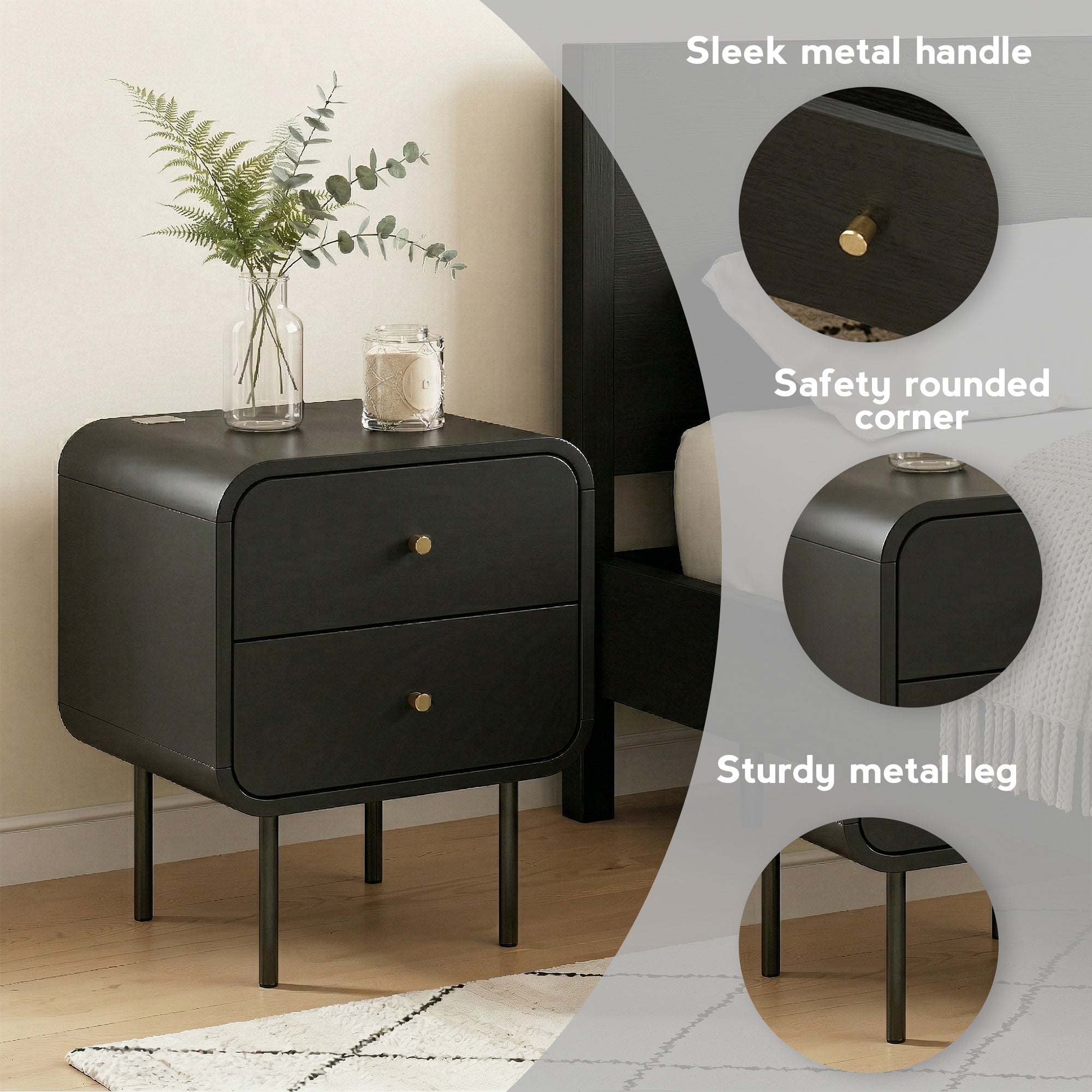 Bedside Table 2 Drawers Side End Table Nightstand Black - Furniture > Bedroom > Bedside Tables - Rivercity House & Home Co. (ABN 18 642 972 209) - Affordable Modern Furniture Australia