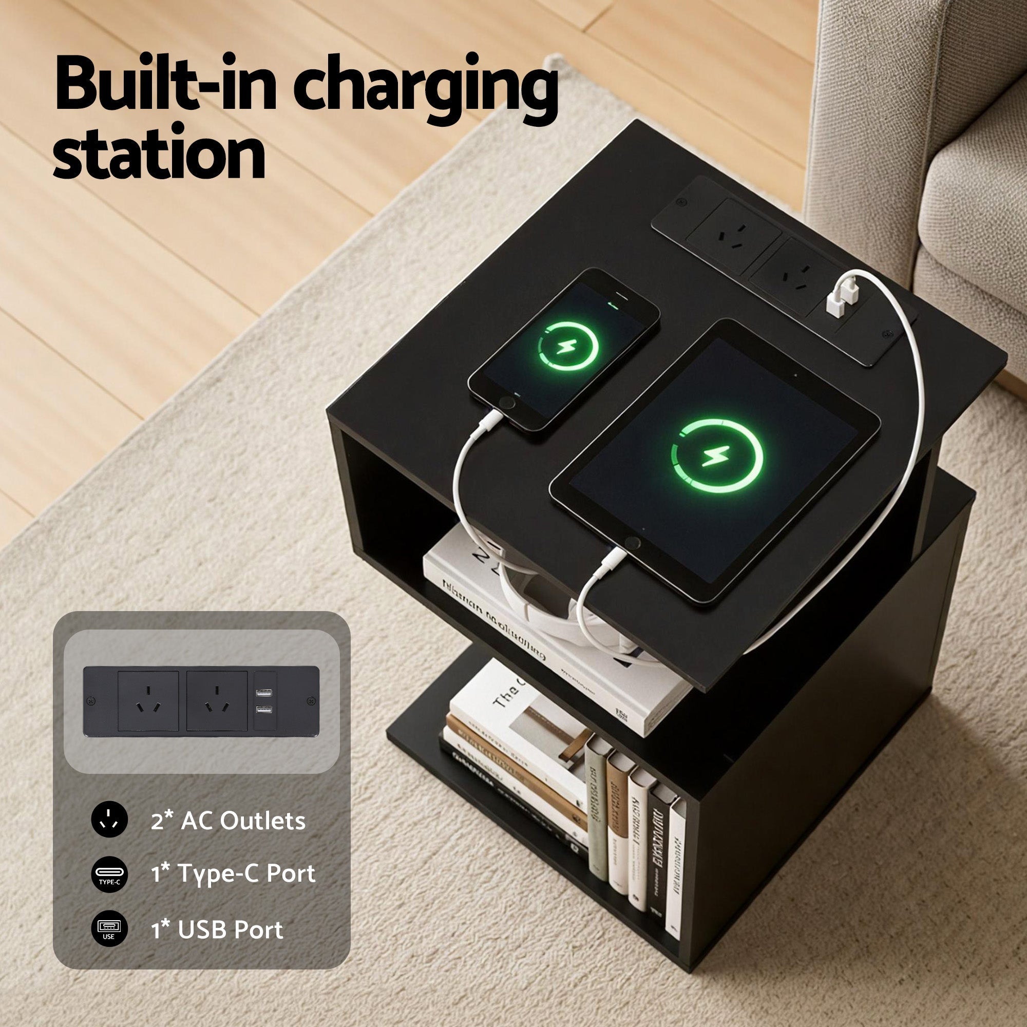 Bedside Table 2 Shelves S - Shaped Charging Station Black - Furniture > Bedroom > Bedside Tables - Rivercity House & Home Co. (ABN 18 642 972 209) - Affordable Modern Furniture Australia