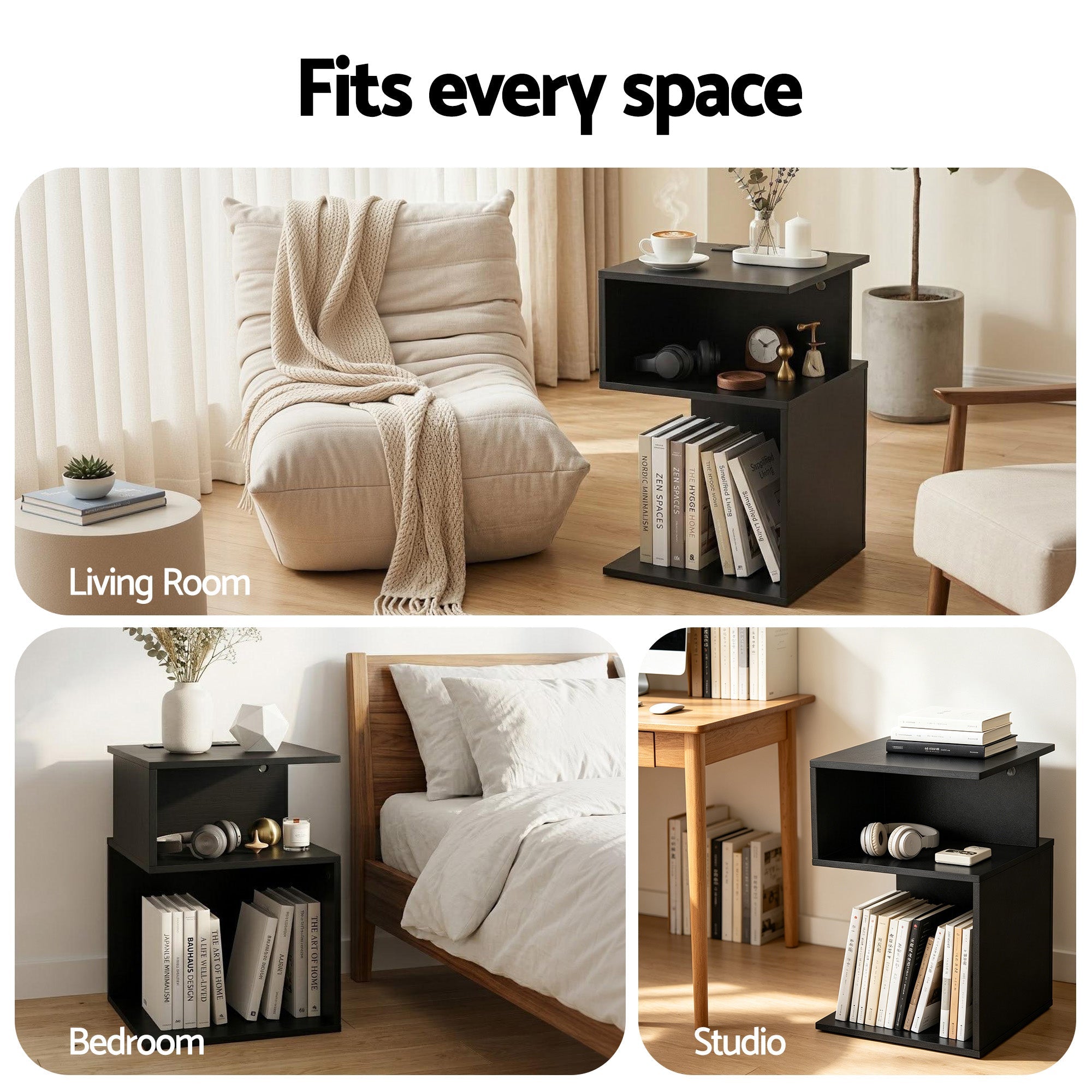 Bedside Table 2 Shelves S - Shaped Charging Station Black - Furniture > Bedroom > Bedside Tables - Rivercity House & Home Co. (ABN 18 642 972 209) - Affordable Modern Furniture Australia