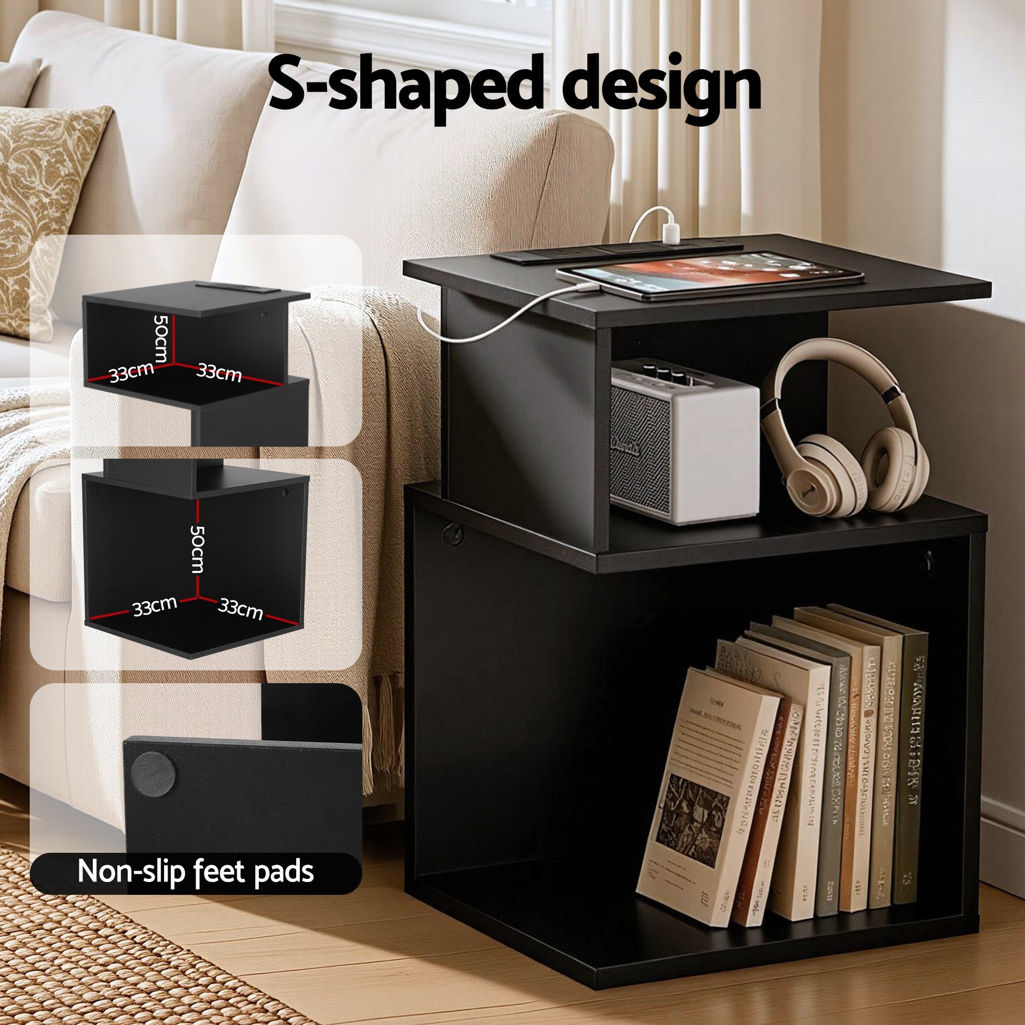 Bedside Table 2 Shelves S - Shaped Charging Station Black - Furniture > Bedroom > Bedside Tables - Rivercity House & Home Co. (ABN 18 642 972 209) - Affordable Modern Furniture Australia