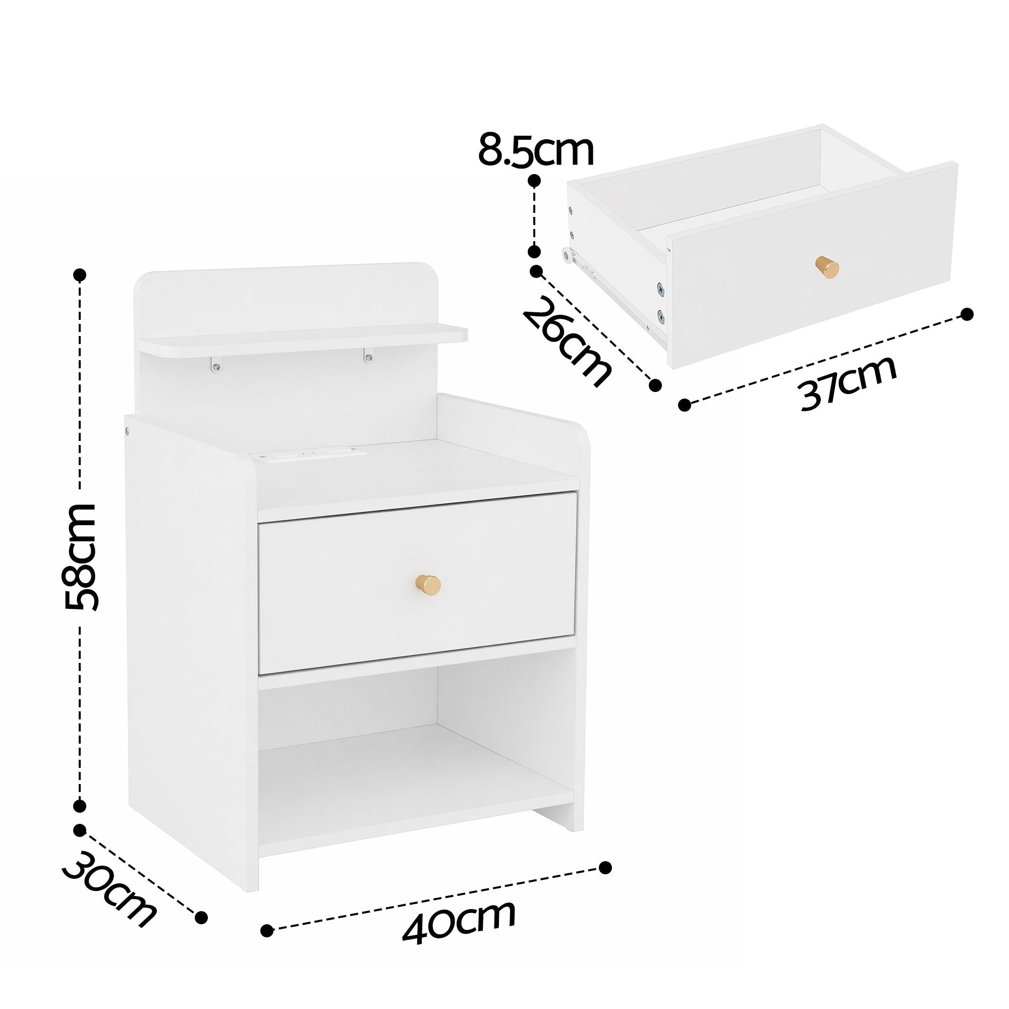 Bedside Table Drawer Charging Station White - Furniture > Bedroom > Bedside Tables - Rivercity House & Home Co. (ABN 18 642 972 209) - Affordable Modern Furniture Australia