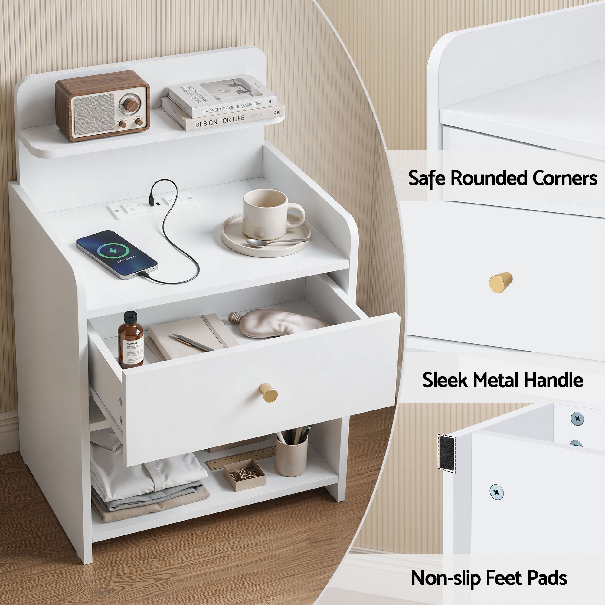 Bedside Table Drawer Charging Station White - Furniture > Bedroom > Bedside Tables - Rivercity House & Home Co. (ABN 18 642 972 209) - Affordable Modern Furniture Australia