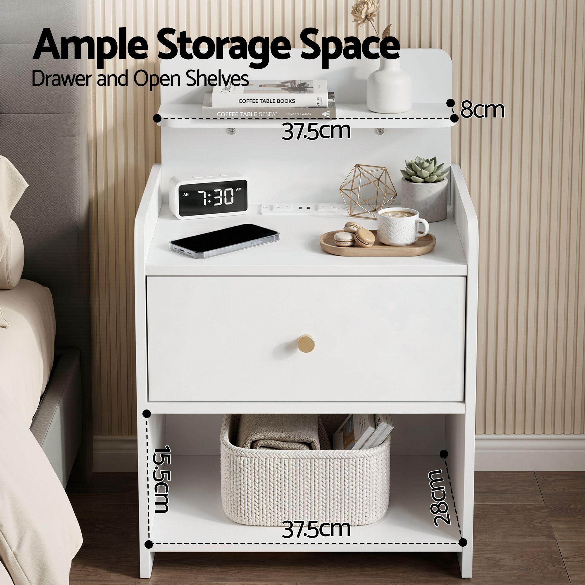 Bedside Table Drawer Charging Station White - Furniture > Bedroom > Bedside Tables - Rivercity House & Home Co. (ABN 18 642 972 209) - Affordable Modern Furniture Australia