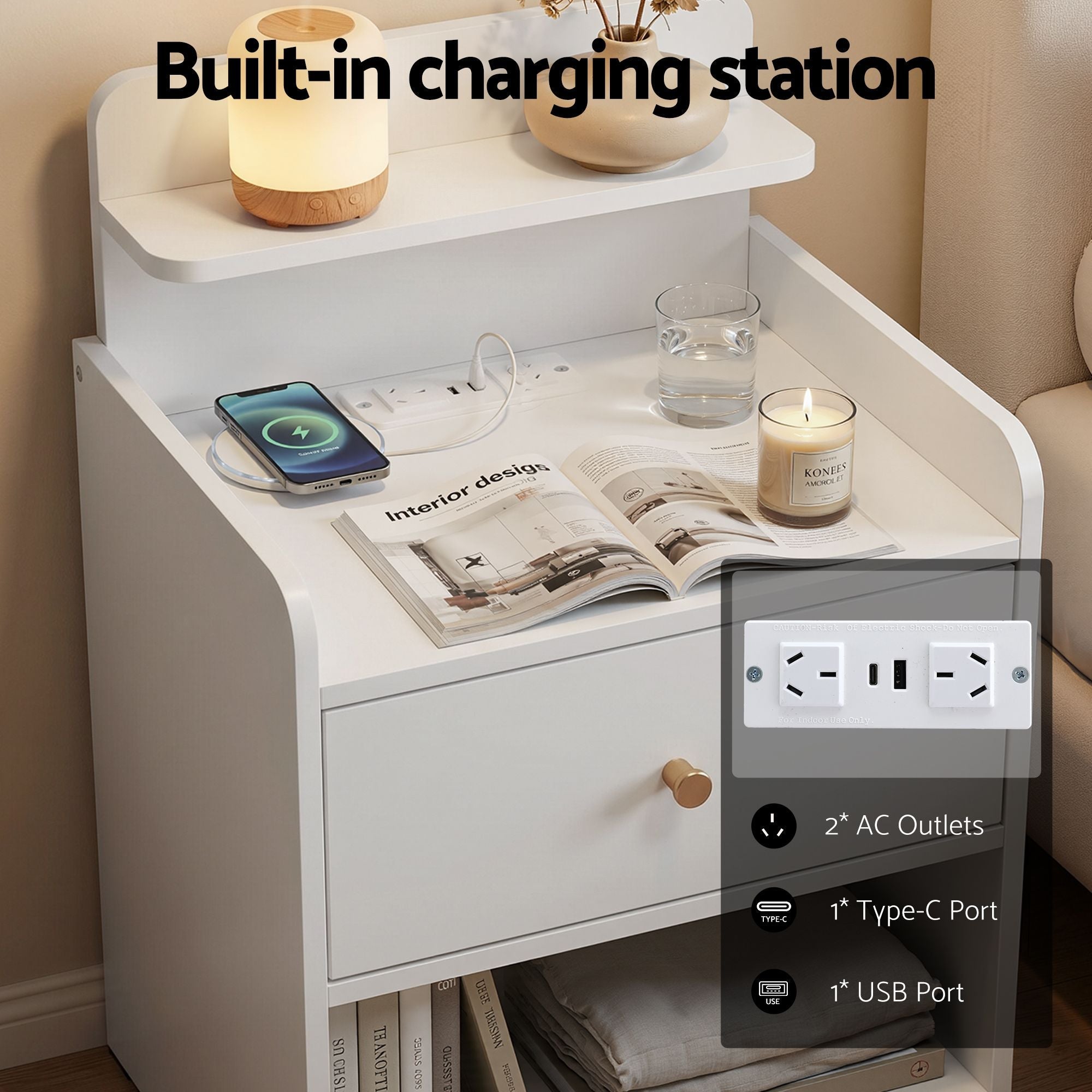 Bedside Table Drawer Charging Station White - Furniture > Bedroom > Bedside Tables - Rivercity House & Home Co. (ABN 18 642 972 209) - Affordable Modern Furniture Australia