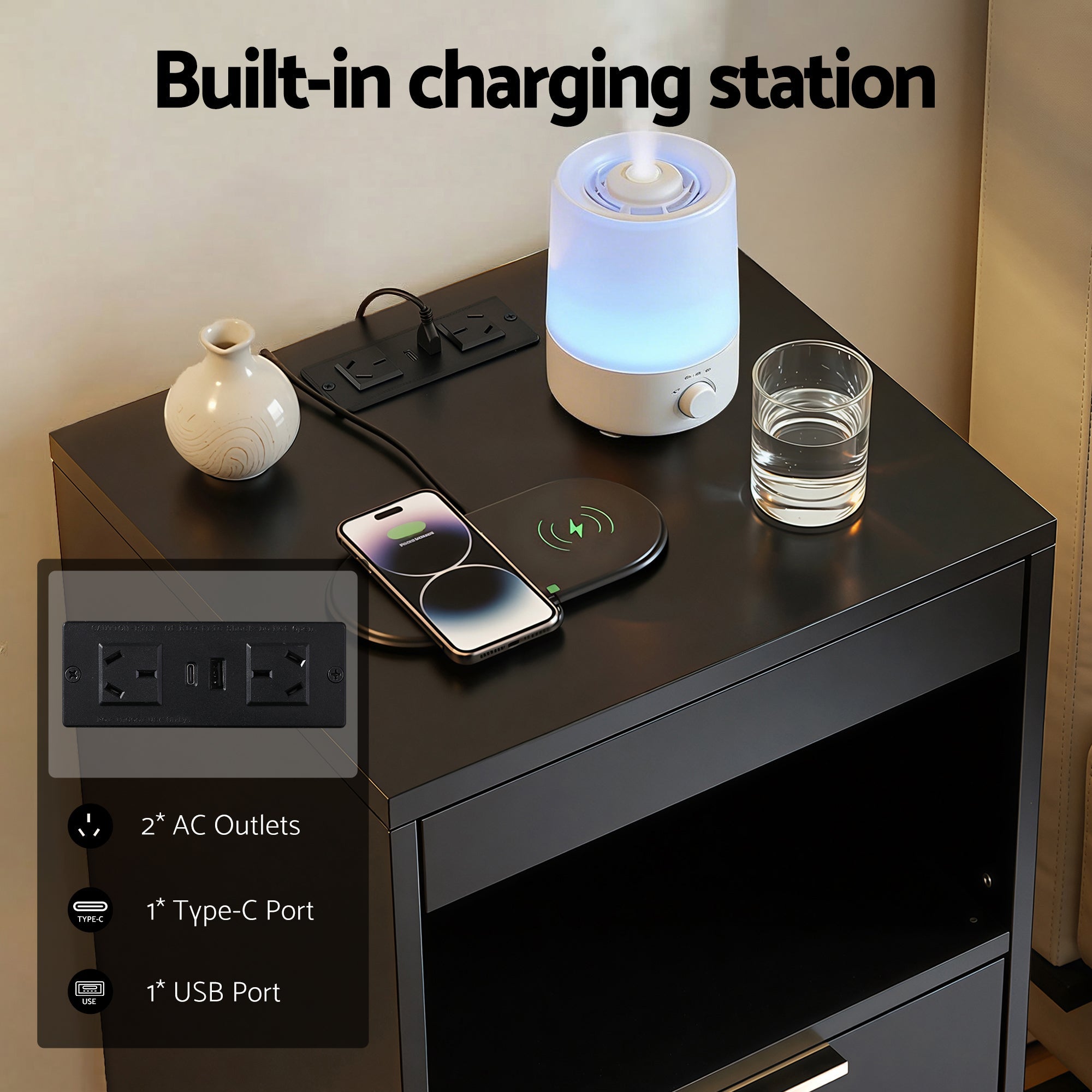 Bedside Table LED Nightstand Charging Station 2 Drawers - Black - Furniture > Bedroom > Bedside Tables - Rivercity House & Home Co. (ABN 18 642 972 209) - Affordable Modern Furniture Australia
