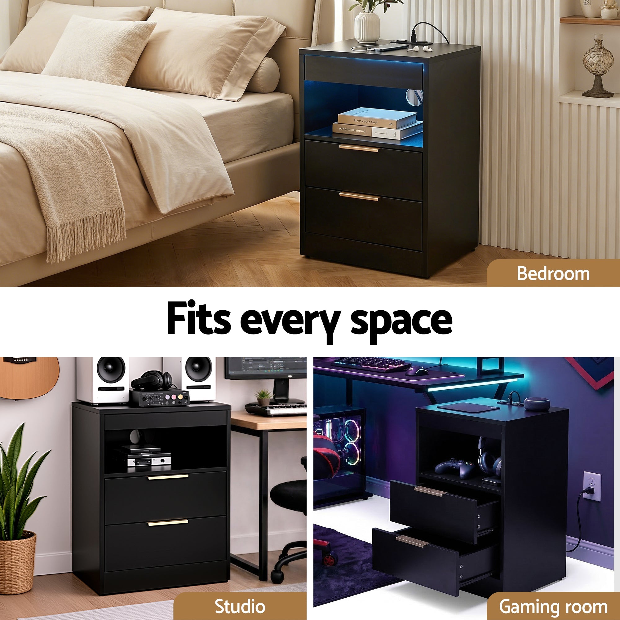 Bedside Table LED Nightstand Charging Station 2 Drawers - Black - Furniture > Bedroom > Bedside Tables - Rivercity House & Home Co. (ABN 18 642 972 209) - Affordable Modern Furniture Australia