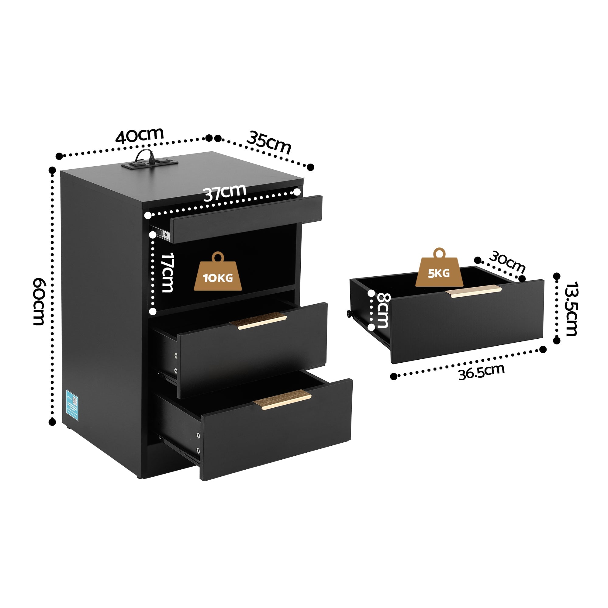 Bedside Table LED Nightstand Charging Station 2 Drawers - Black - Furniture > Bedroom > Bedside Tables - Rivercity House & Home Co. (ABN 18 642 972 209) - Affordable Modern Furniture Australia