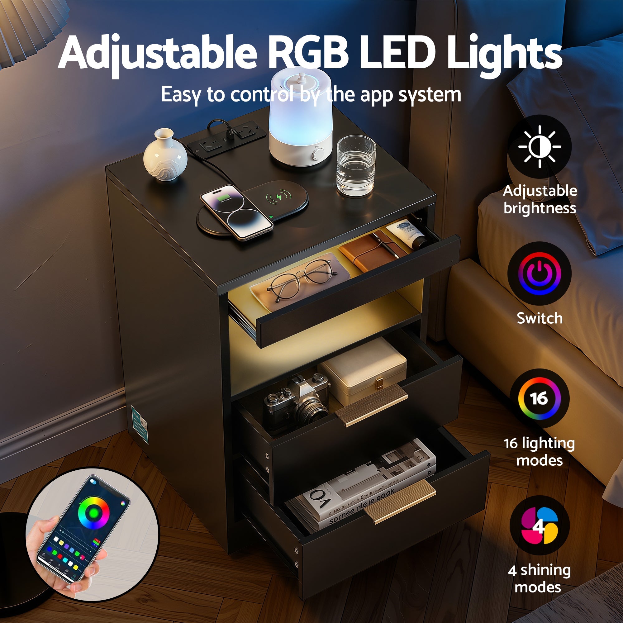 Bedside Table LED Nightstand Charging Station 2 Drawers - Black - Furniture > Bedroom > Bedside Tables - Rivercity House & Home Co. (ABN 18 642 972 209) - Affordable Modern Furniture Australia