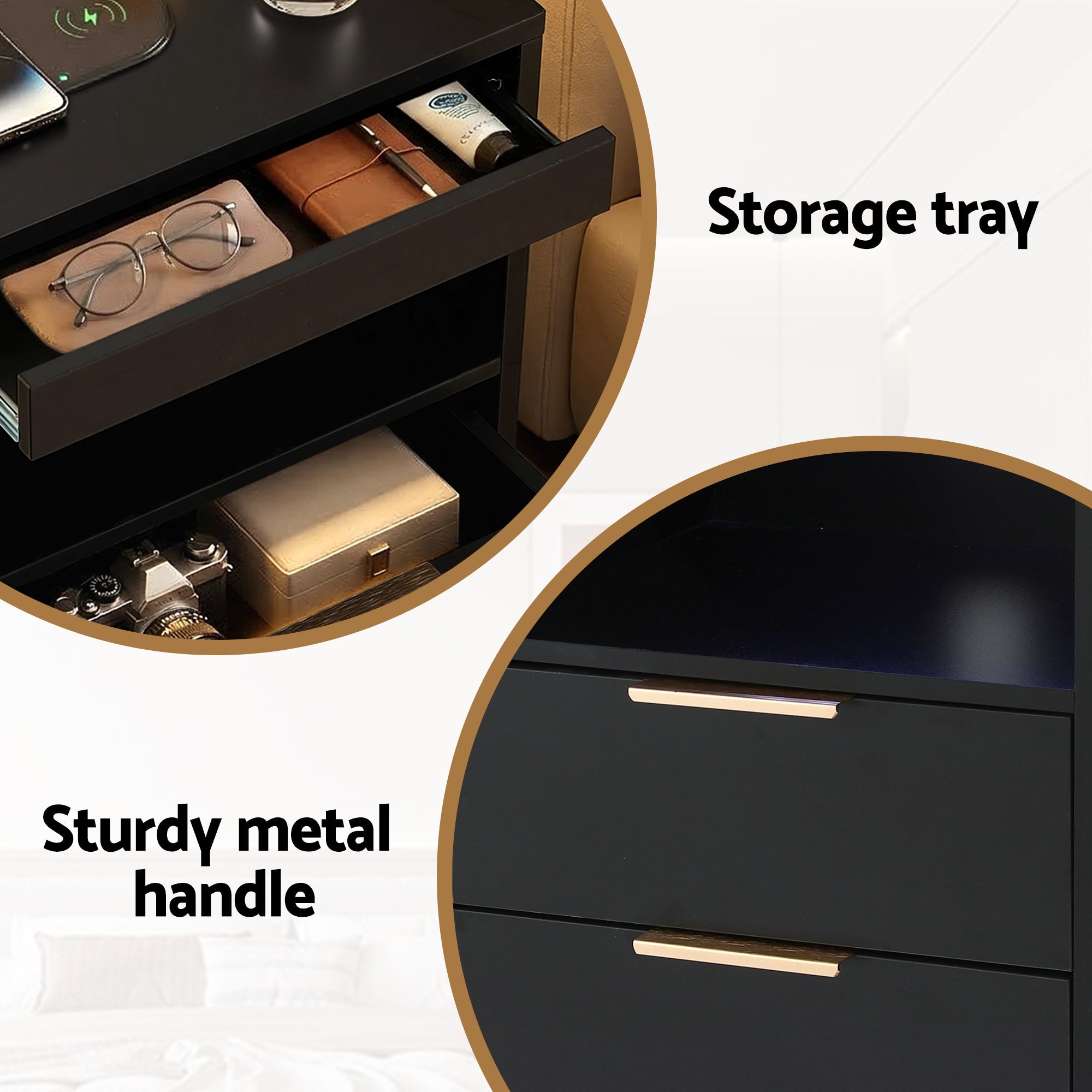 Bedside Table LED Nightstand Charging Station 2 Drawers - Black - Furniture > Bedroom > Bedside Tables - Rivercity House & Home Co. (ABN 18 642 972 209) - Affordable Modern Furniture Australia
