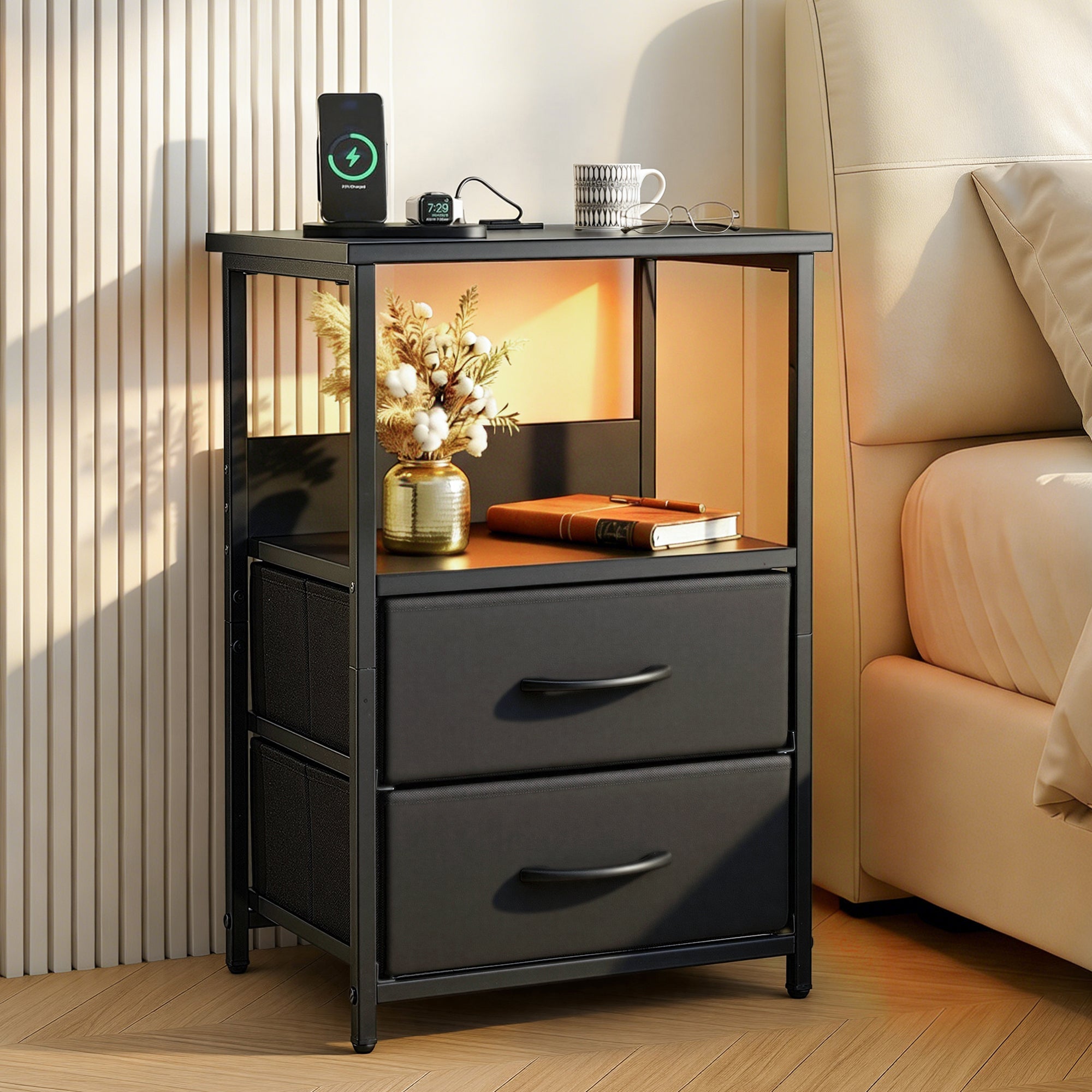 Bedside Table LED Nightstand Charging Station 2 Drawers Foldable Black - Furniture > Bedroom > Bedside Tables - Rivercity House & Home Co. (ABN 18 642 972 209) - Affordable Modern Furniture Australia